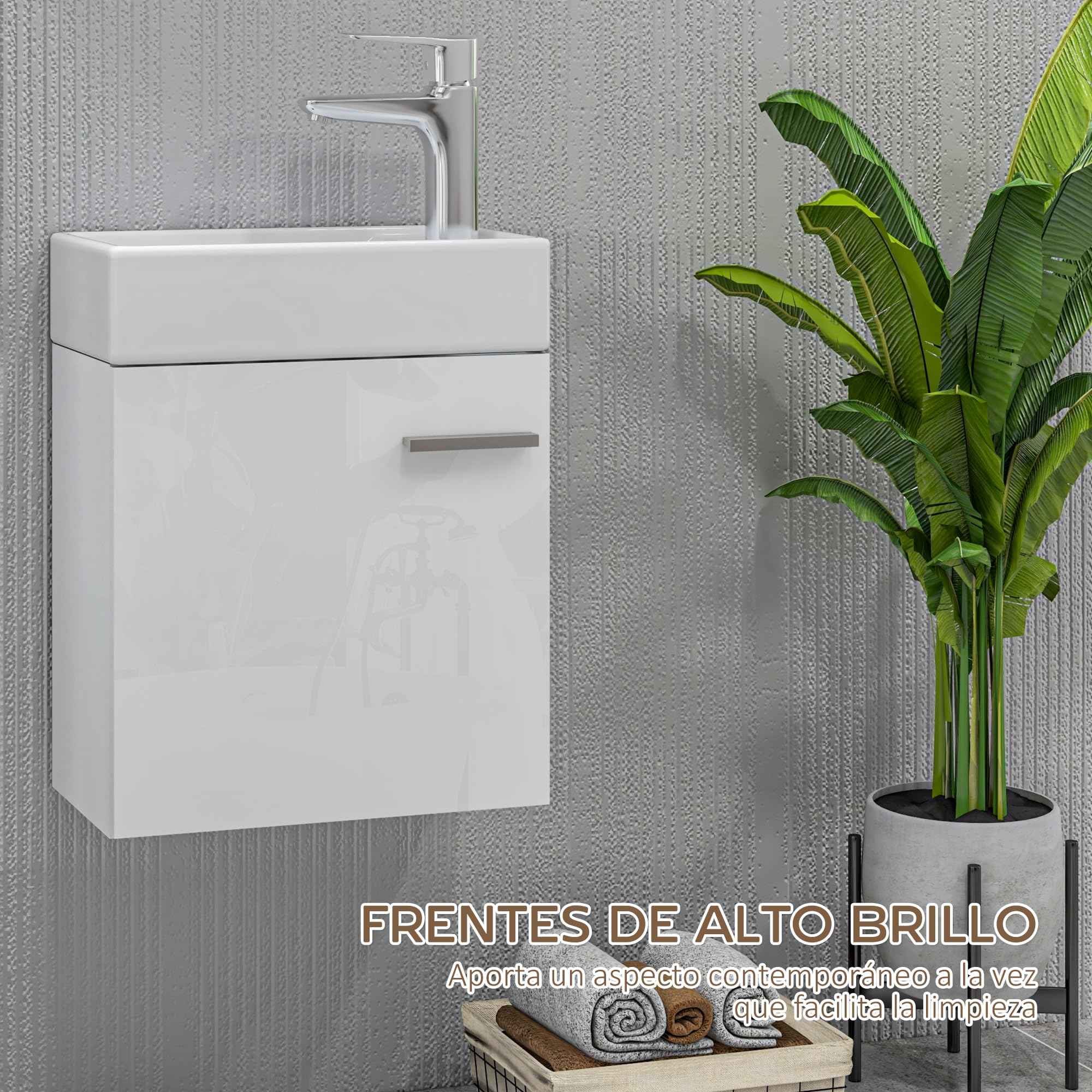 HOMCOM Mueble de Baño con Lavabo de Pared Mueble para Lavabo con Puerta con Cierre Suave Estilo Moderno 40x23x50 cm Blanco Brillo