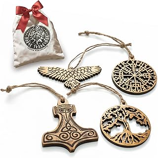 Norse Tradesman Viking Ornament Set – Handcrafted Solid Teak Wood – Four Norse Designs (Tree of Life, Thor's Hammer, Vegvisir and Raven) – Viking Decor & Yule Gift Set