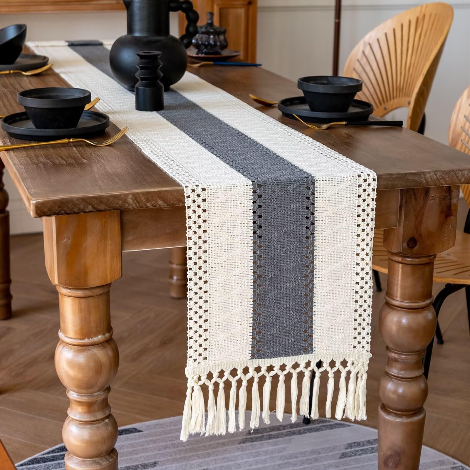 30 cm x 220 cm Linen Table Runner Rustic Farmhouse Style , Striped Linen Table Runner Long with Tassels for Dining Room Kitchen Reading Dresser Décor
