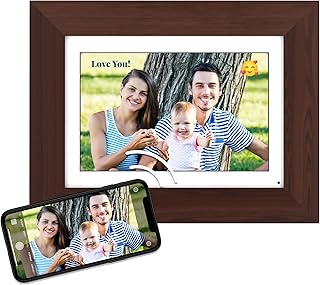 Brookstone PhotoShare 8â€ Smart Digital Picture Frame, Send Pics from Phone to Frames, WiFi, 8 GB, Holds 5,000+ Pics, HD Touchscreen, Premium Espresso Wood, Easy Setup, No Fees, New Version
