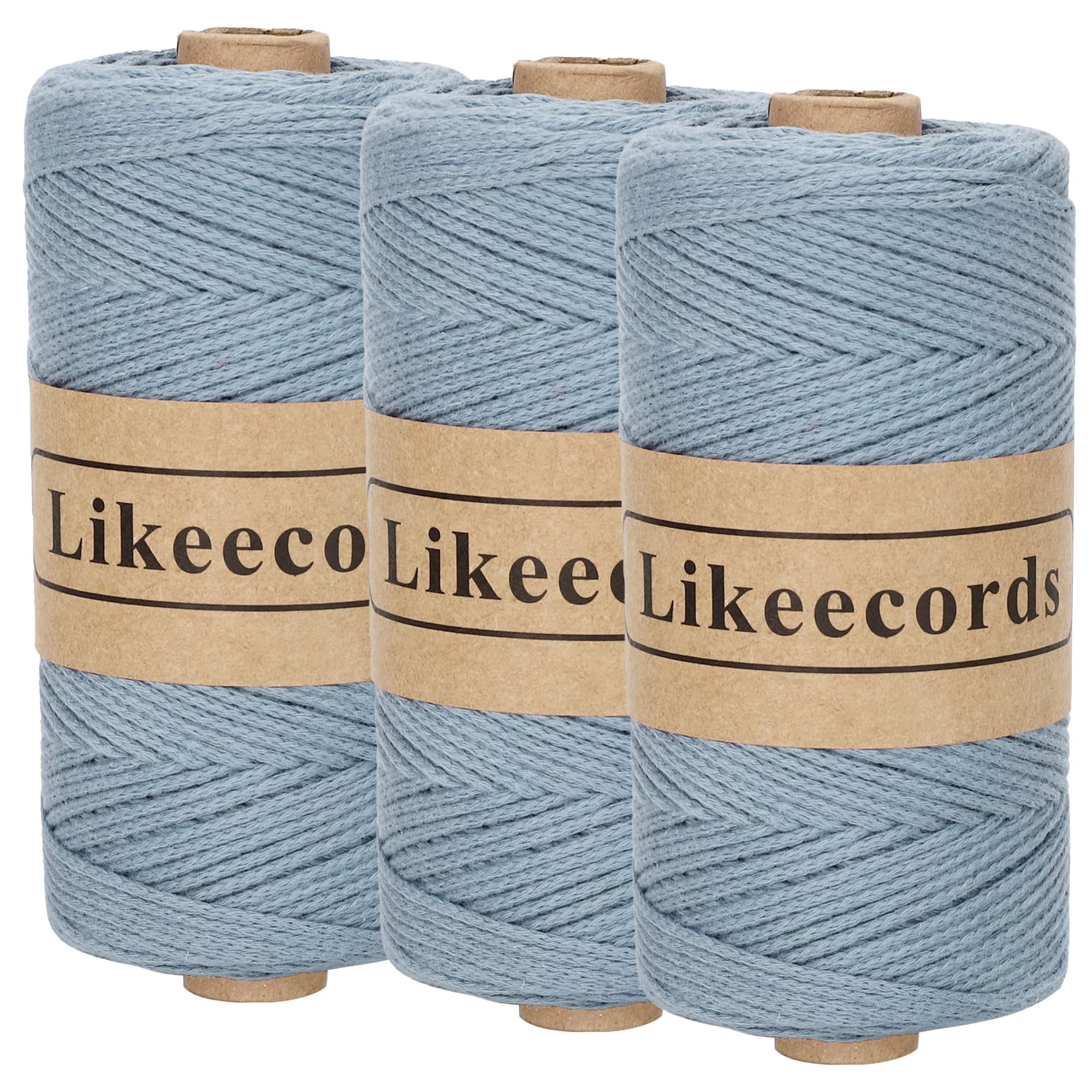 Likeecords 100% Cotton Crochet Yarn for Bag,3 Rolls/Pack 2mm x 510m,Macrame Cord,Chunky Yarn for Crocheting Handbag, Purse,Blankets Crafts Projects (Haze Blue)