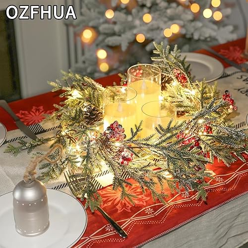 Miniatura 2 de Guirnalda de Navidad de 6 pies con luces  Guirnalda de Navidad artificial preiluminada, guirnalda flocada con bayas rojas piñas para decoración,