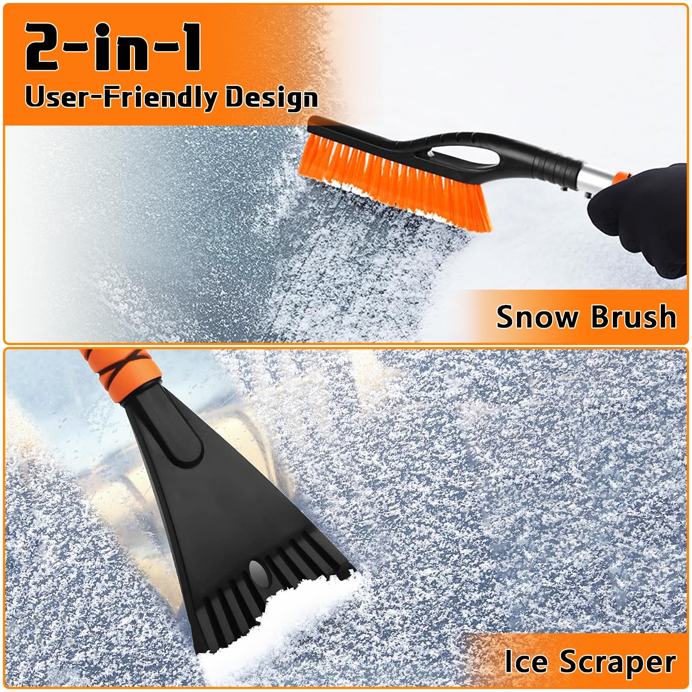 PLACHIDAY Snow Brush & Ice Scraper, 27 Inch, Ice Scrapers for Car Windshield, Detachable Snow Removal Tool with Ergonomic Foam Grip for Cars Trucks Suvs (Heavy Duty Abs, PVC Brush)