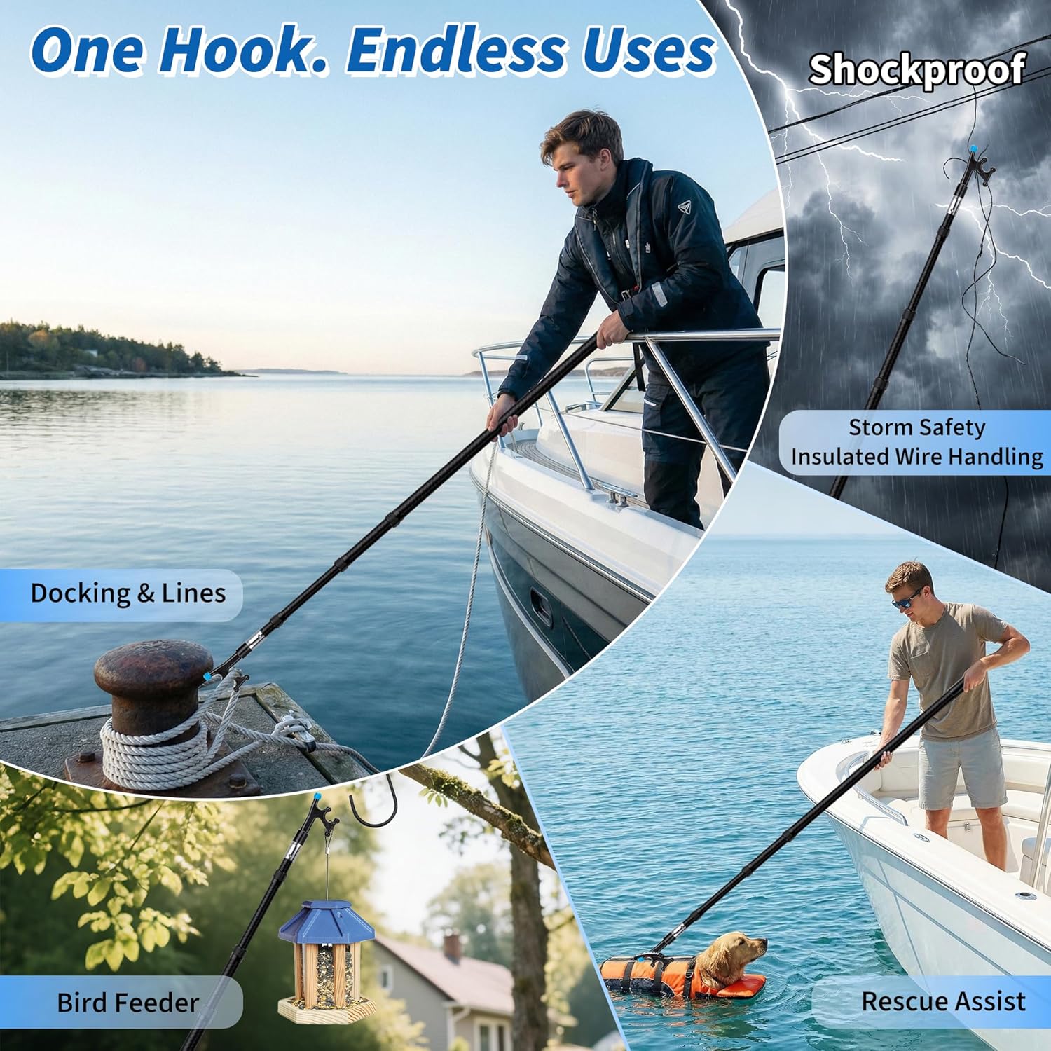 Fiberglass Telescoping Boat Hook for Docking, Insulated Floating Push Pole with Non-Slip Rubber Tip, Scratch-Resistant & Sturdy, Lightweight, 3/4" Thread Screw End