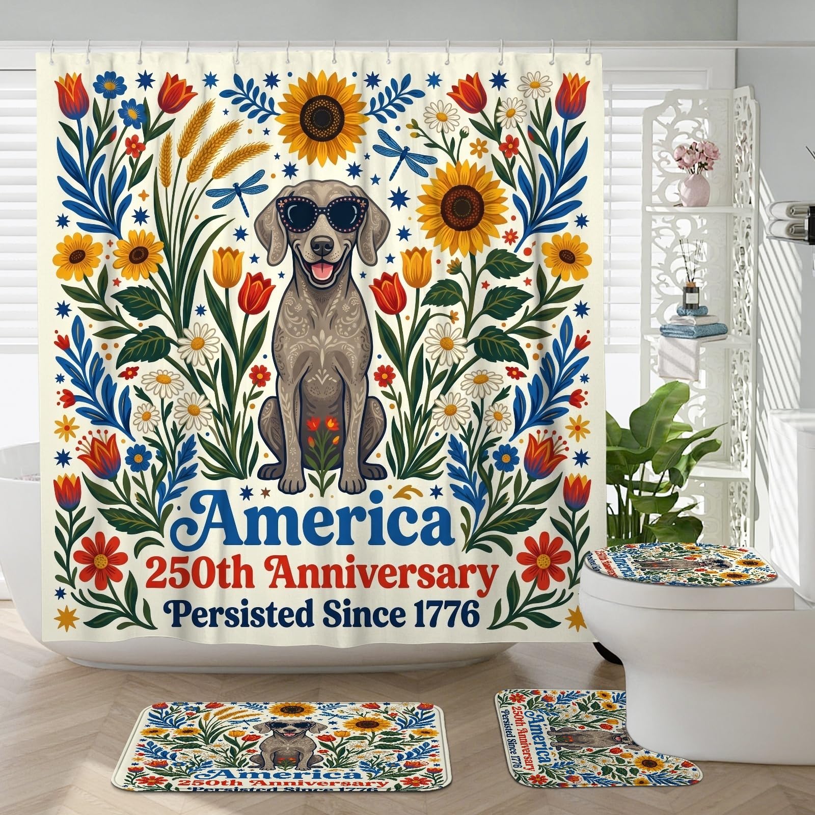 Ensemble tapis de bain motif chien et tapis pour abattant de toilettes floral