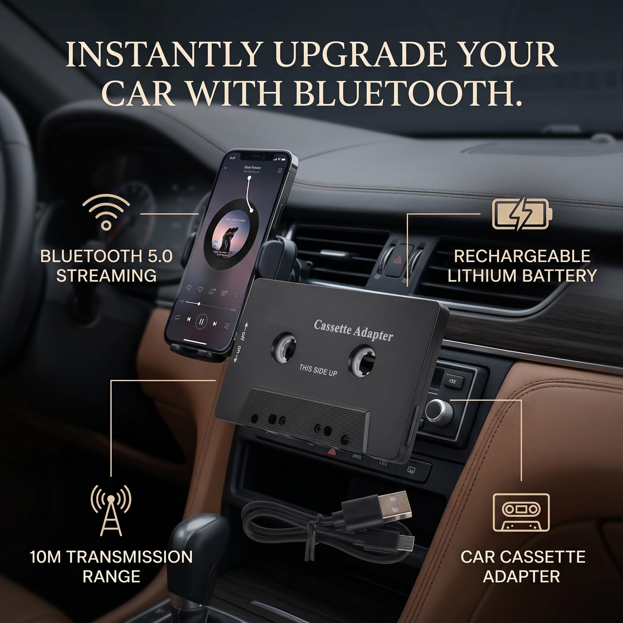 AUNMAS Cassette Bluetooth Voiture, Adaptateur de Lecteur de Cassette pour Voiture, Mp3 Sbc Stéréo Noir Abs sans Fil pour Voiture