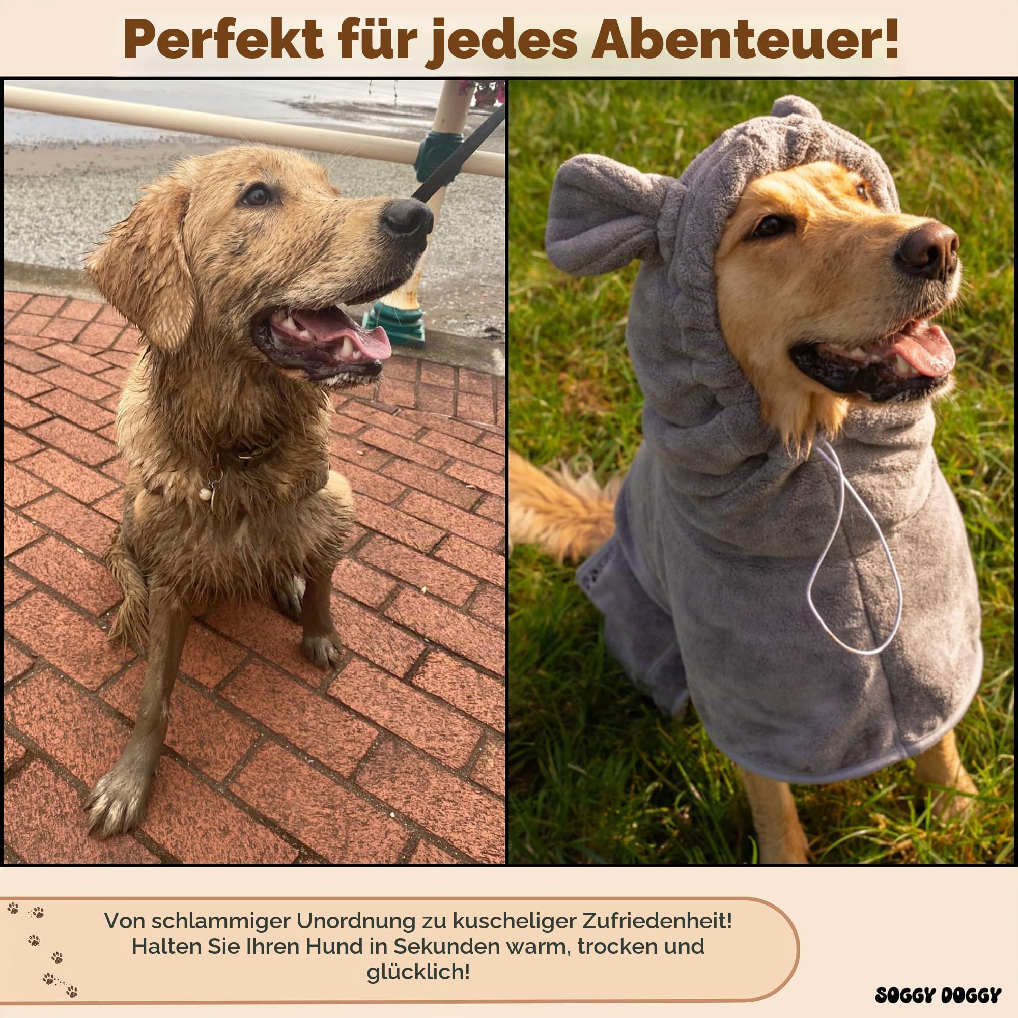 Verstellbarer Mikrofaser-Hundemantel, schnelltrocknend, supersaugfähiges Handtuch mit Taschen, XS-XL, luxuriöser Hunde-Bademantel für Hunde, Größe L