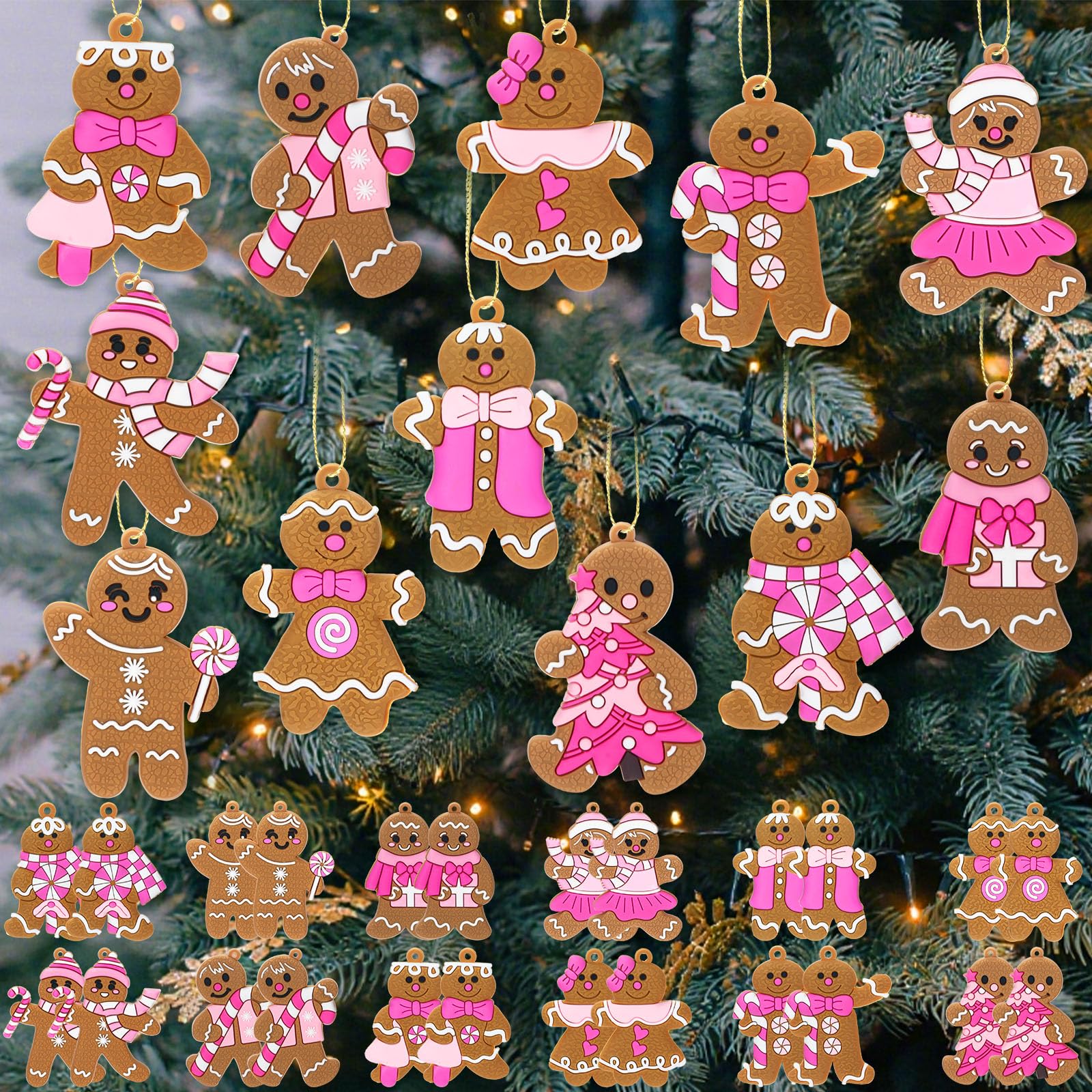 Zhanmai 24 Pcs Christmas Pink Gingerbread Man Ornaments Christmas Tree Pink Gingerbread Man Decorations Cute Xmas Hanging Ornaments Traditional Xmas