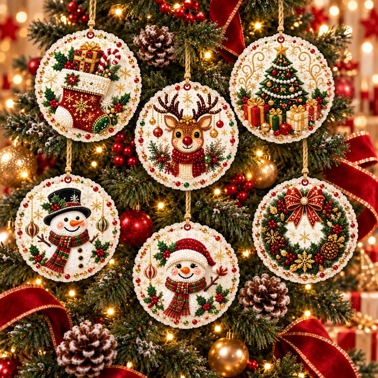 Usper Christmas Wooden Diamond Art 3D Pearl Painting Kit，6PCS K