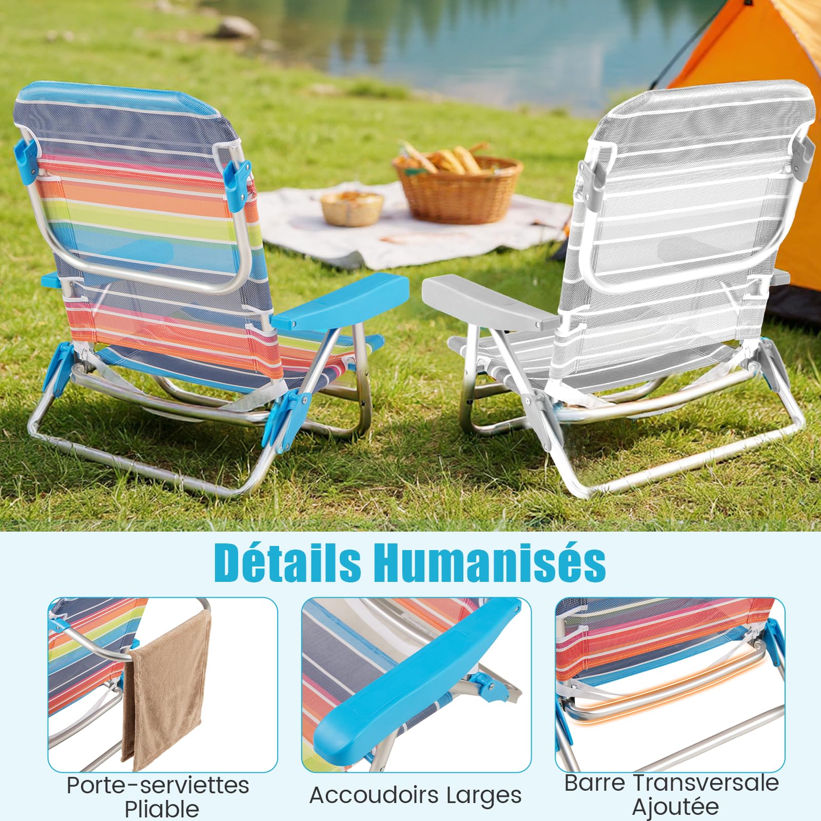 COSTWAY 2PCS Chaises de Plage Pliables à 5 Positions, 64 x 63 x 74 cm