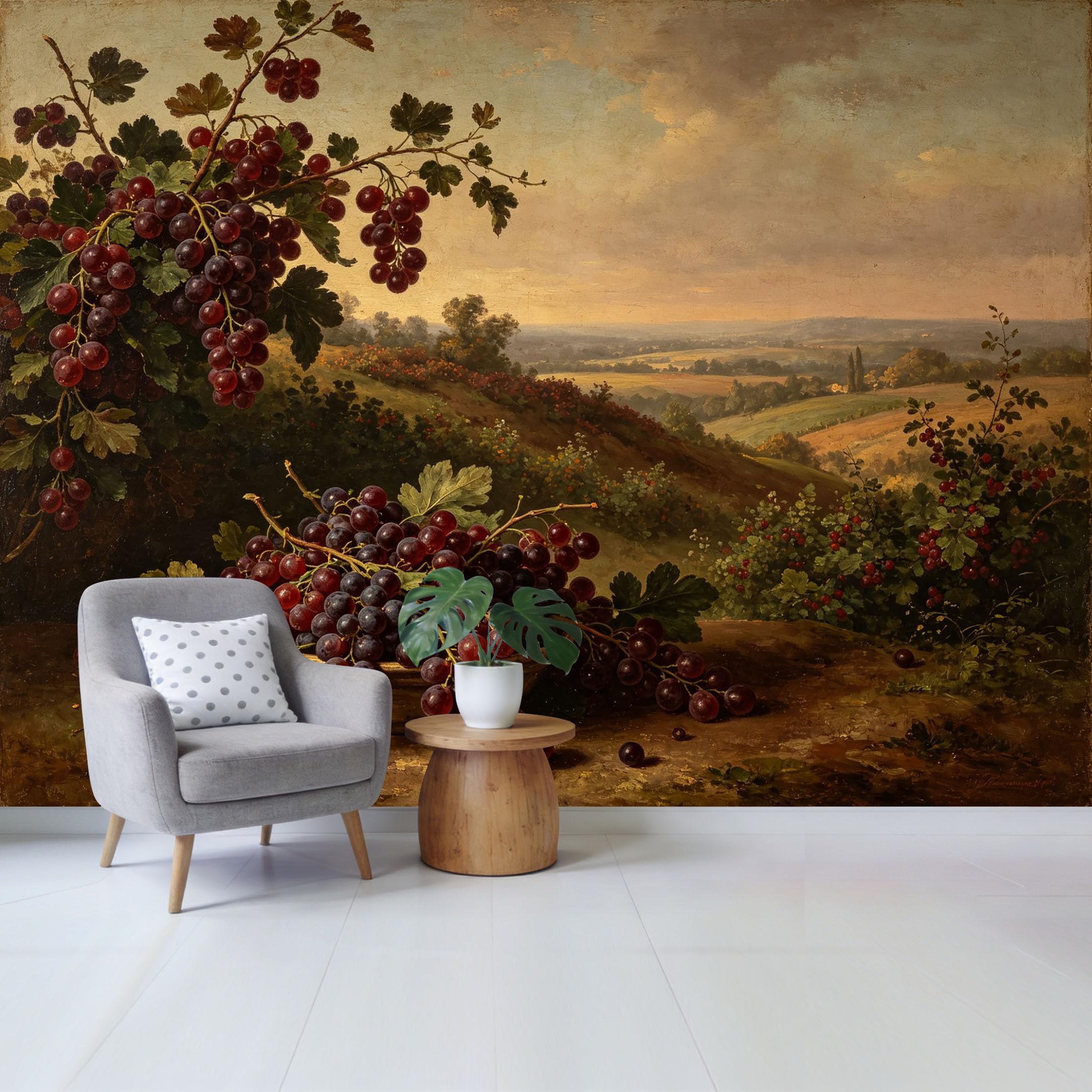 Qzlithotic Yq2605251039 Custom Size Wall Mural Vintage Vineyard Landscape Still Life Oil Painting Fruit Bowl Selfadhesive Wall Fabric Removable Wallpaper For Home Office Decor