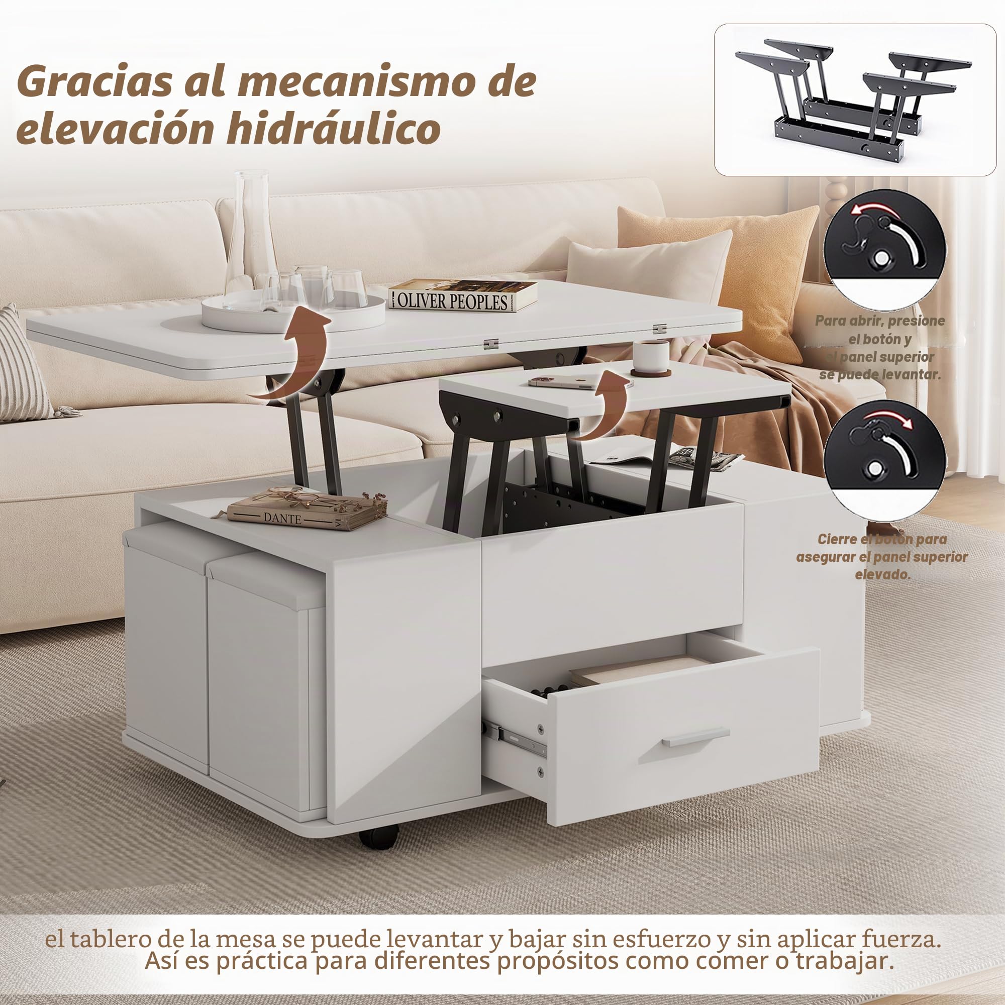 Mesa de centro regulable en altura, mesa de sofá móvil, mesa de centro multifunción 4 en 1, convertible en sala de estar, comedor, mesa de centro con cajones, con 4 taburetes, color blanco