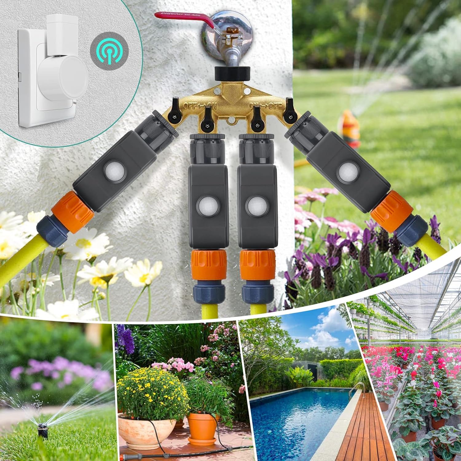 Ordenador de riego WLAN, Grifo de Manguera Inteligente Temporizador de riego, Control Remoto App, Soporte Alexa, Manguera al Aire Libre para Plantas de césped de jardín Cama de Flores.