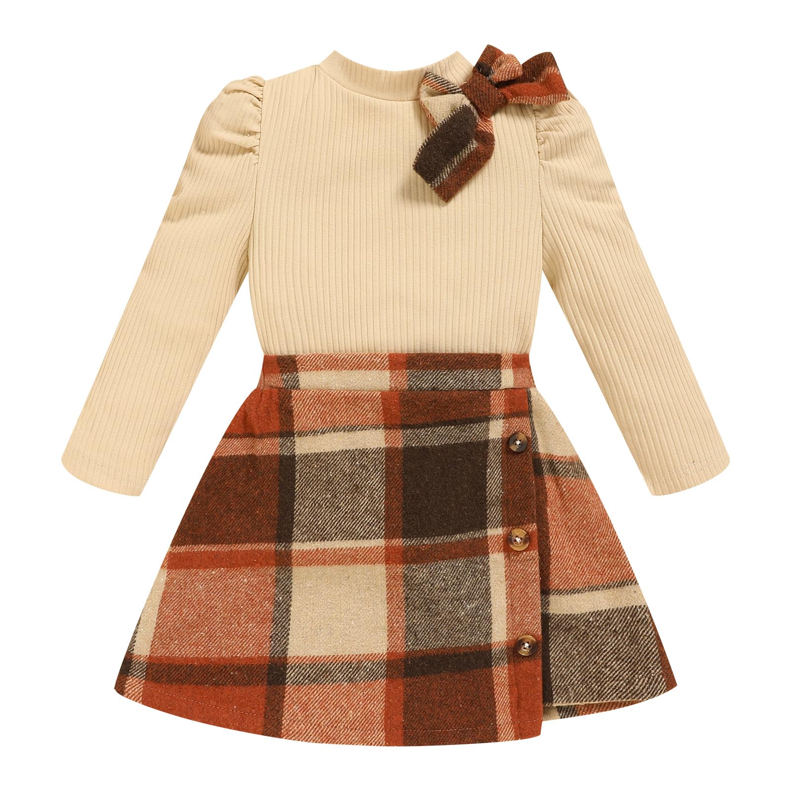 Toddler Girl Plaid Outfits Fall Winter Dress Knit Ribbed Bow Sweatshirt Tops and Button Fashion Skirts Set