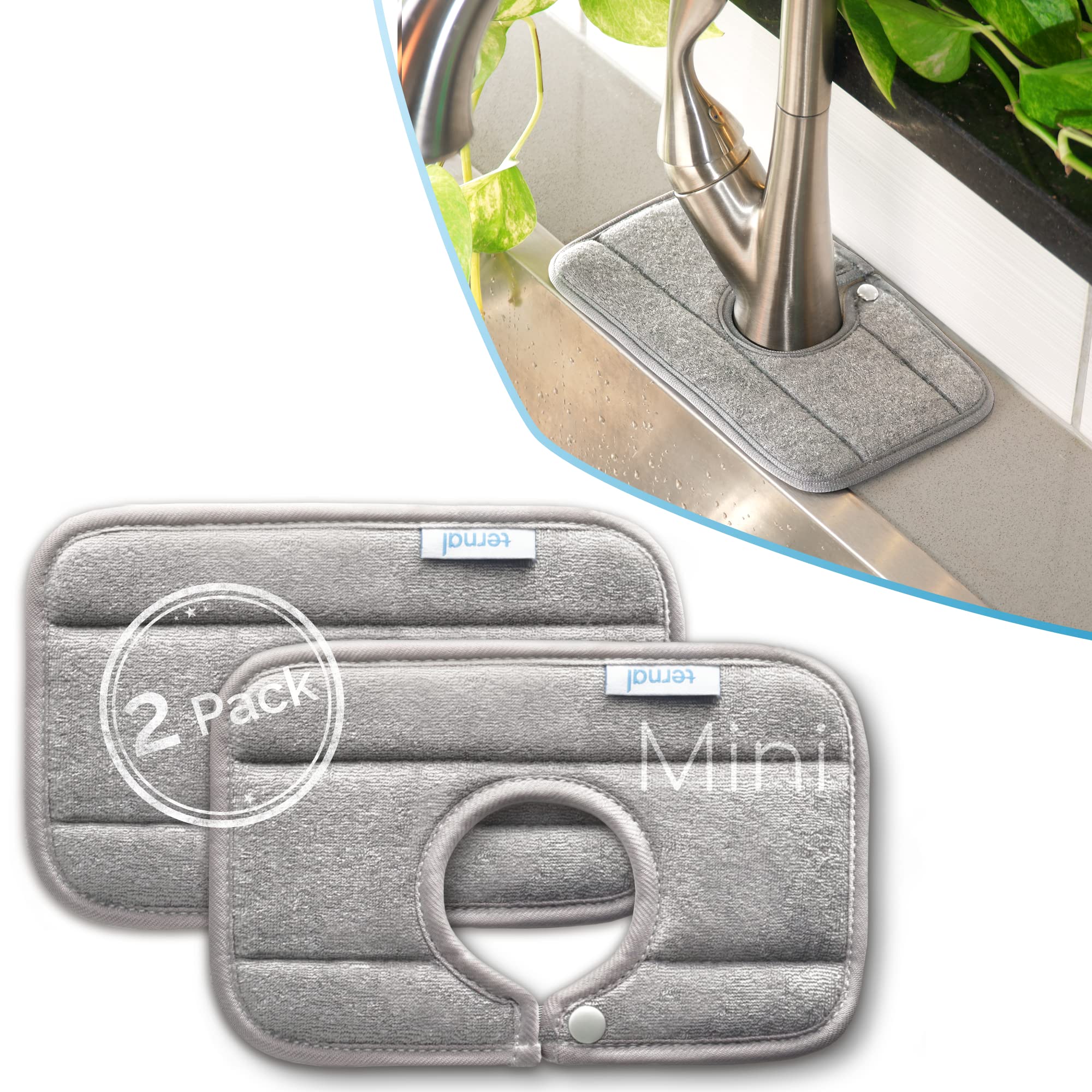 Ternal Sinkmat for Kitchen Faucet, Original Design, Absorbent Microfiber Fabric, Machine Washable Splash Guard & Drip Catcher For Around Faucet Handle [2 Pack] (Gray, Mini 9in)