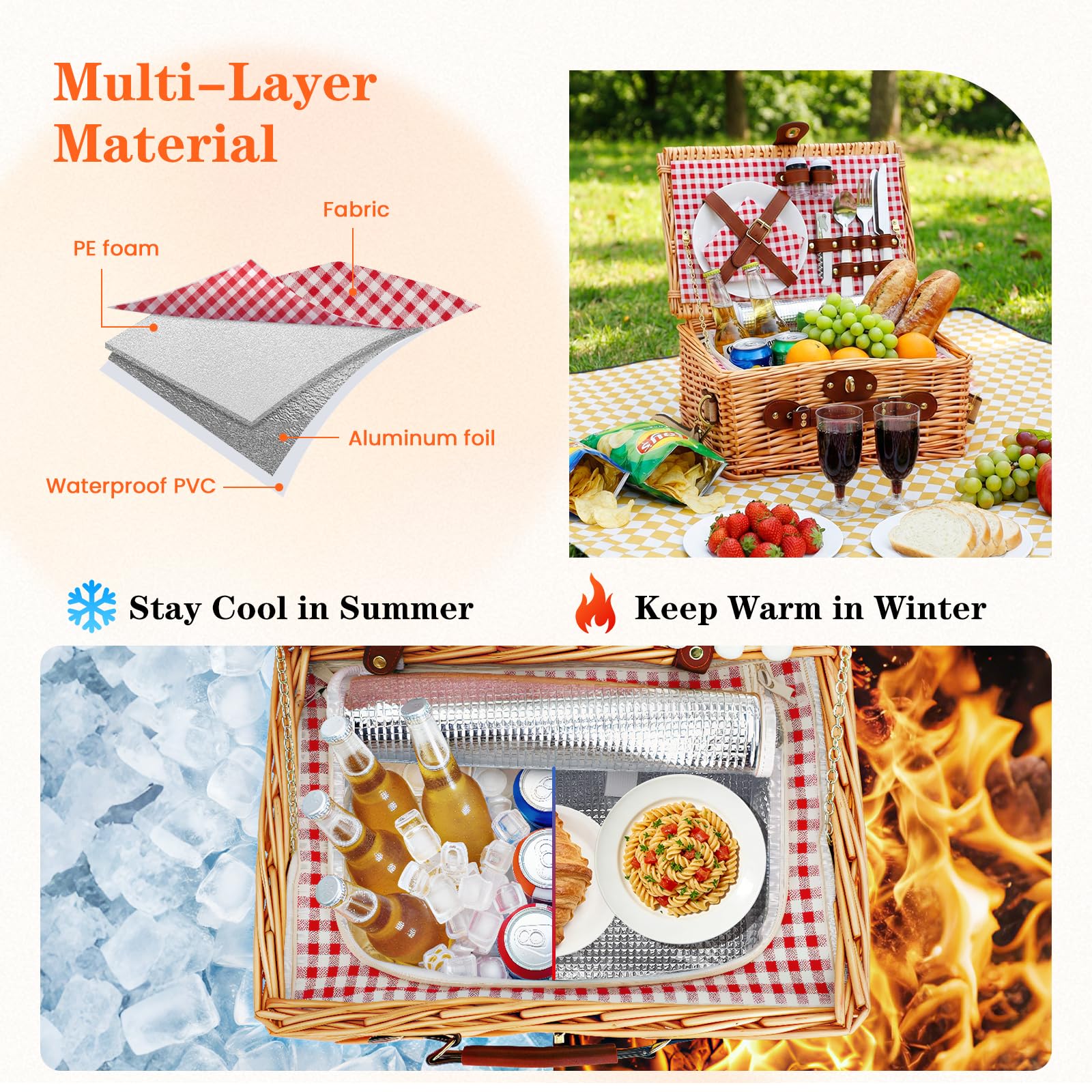 Wicker Picnic Basket Cestino da Picnic in Vimini per 2 Persone – Set Picnic con Vano Isotermico, Piatti, Posate, Bicchieri da Vino, Cavatappi – Perfetto per Spiaggia, Campagna, Parco & Regalo BBQ