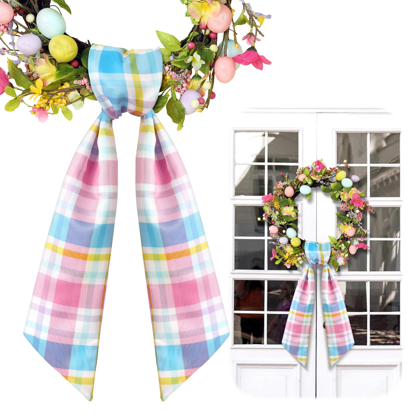 VitalCozy Easter Plaid Wreath Sash for Front Door Wreath Satin Sash for Embroidery Monogram Garland Ribbon Accessories Xmas Party Yard Doorway Indoor