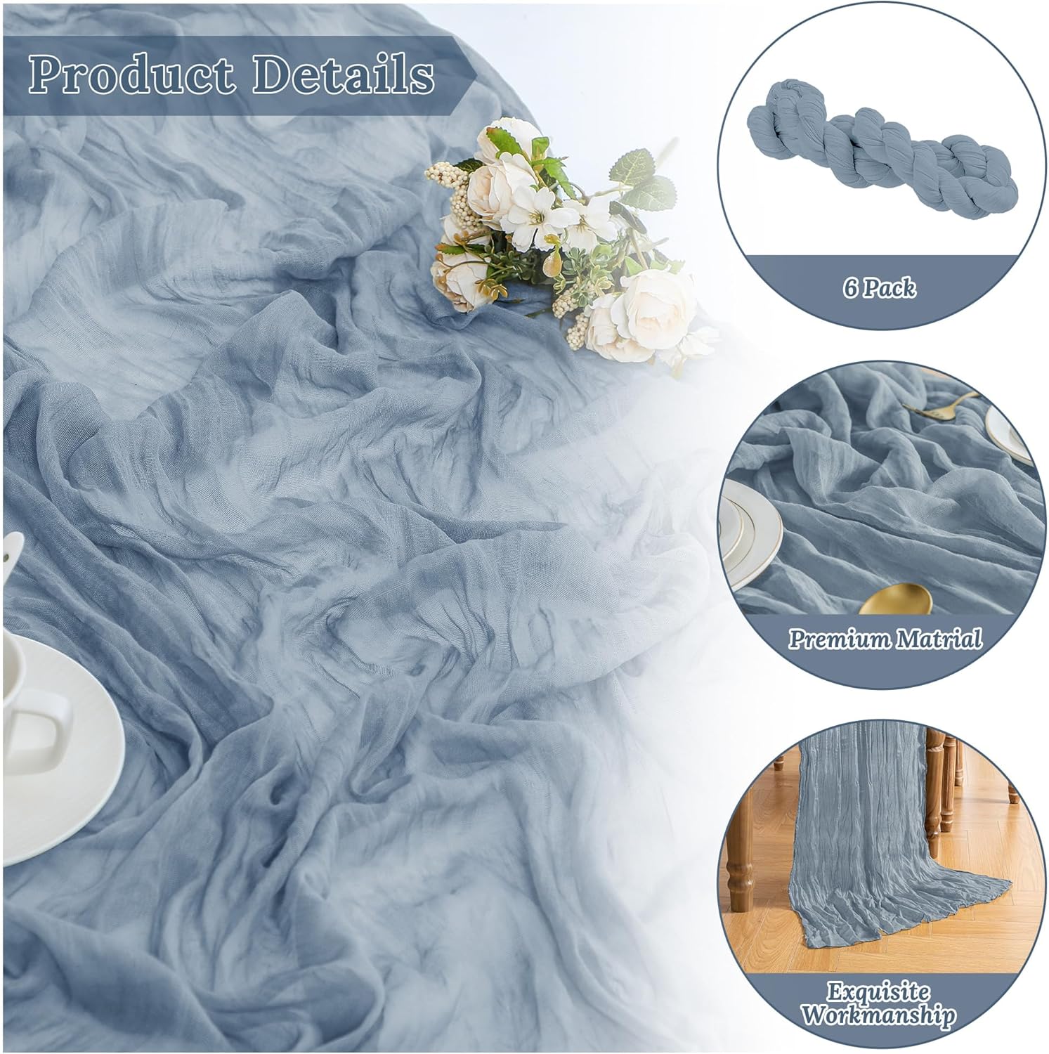 6 Pack Dusty Blue 10ft Cheesecloth Table Runner, Boho 35x120 Inch Long, Gauze Table Runner Decor for Baby Shower Bridal Shower or Wedding Party