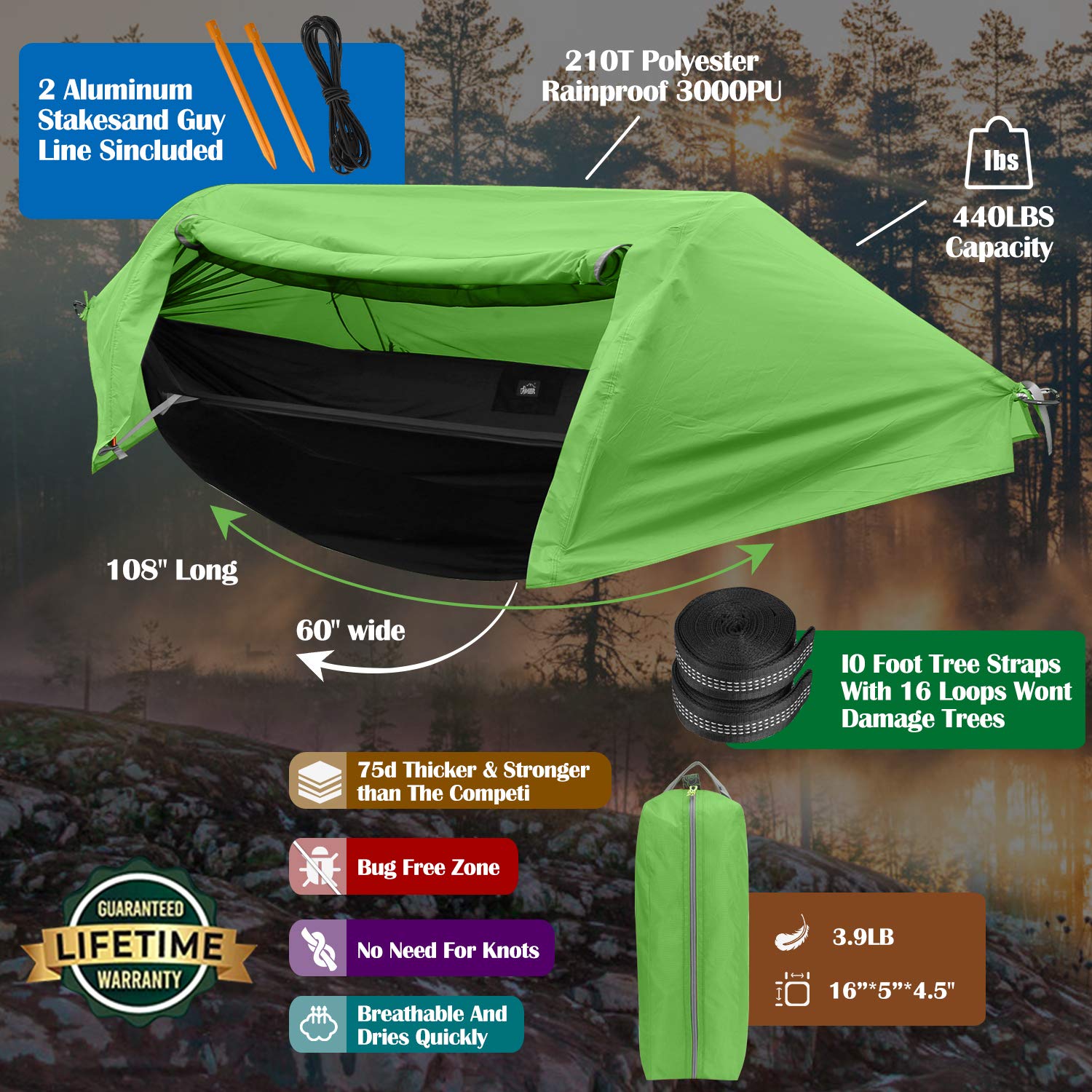 Hamaca de campamento patentada con mosquitero y toldo para lluvia 6