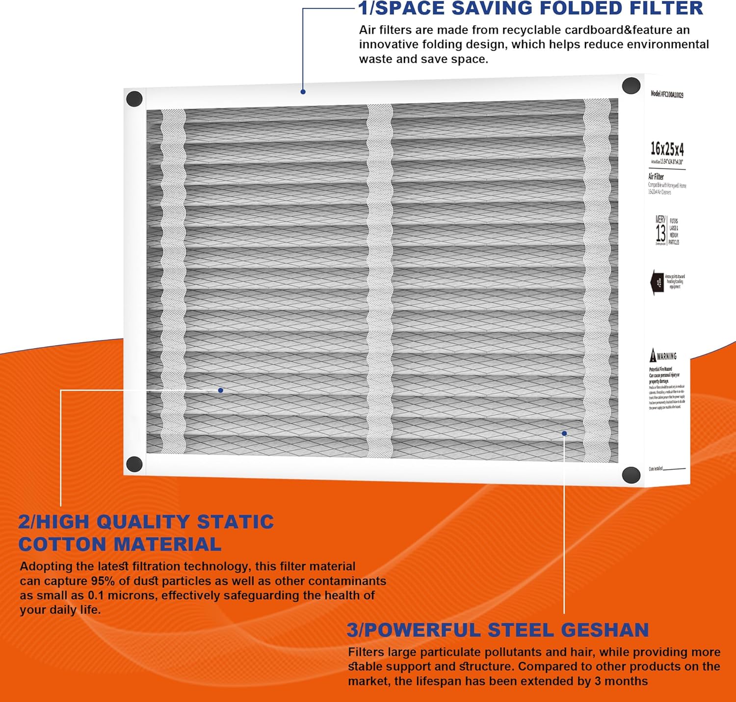16x25x4 Air Filter Replacement, Compatible with Honeywell FC100A1029, MERV 13 HVAC AC Furnace Filters, Actual Size: 15.94” x 24.88” x 4.38” - 2PACK