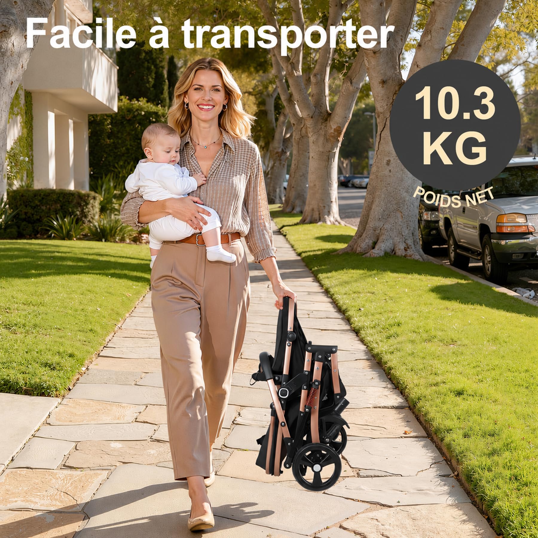 Poussette Bébé 2 en 1 Convertible, Naissance avec Mode Nacelle, Siège Réversible, Capote UPF Anti-UV, Suspension Antichoc, Harnais 5 Points, Voyage Pliable, Nouveau-né à Tout-Petit