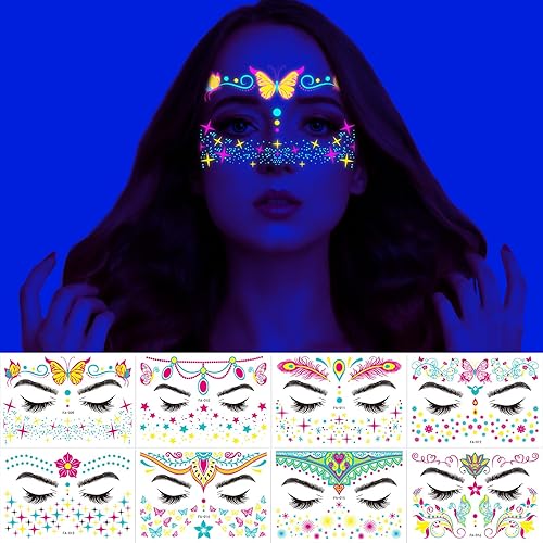 Miniatura 10 de Tatuajes temporales que brillan en la oscuridad, tatuajes temporales falsos para la cara, maquillaje UV, neón, mariposa, floral, tatuajes,