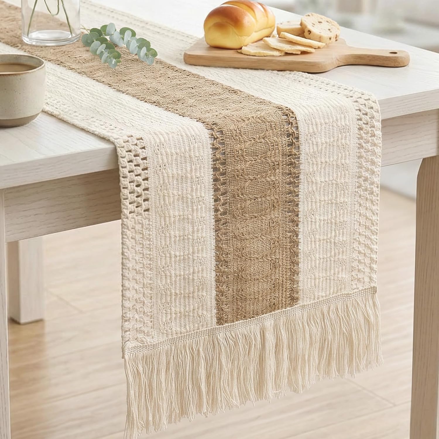 OurWarm Splicing Burlap Table Runner Farmhouse Style, Boho Table Runner Modern Farmhouse Decor Rustic Woven Cotton Crochet Lace for Bohemian, Rustic, Wedding, Bridal Shower, Dinner, 108 inch