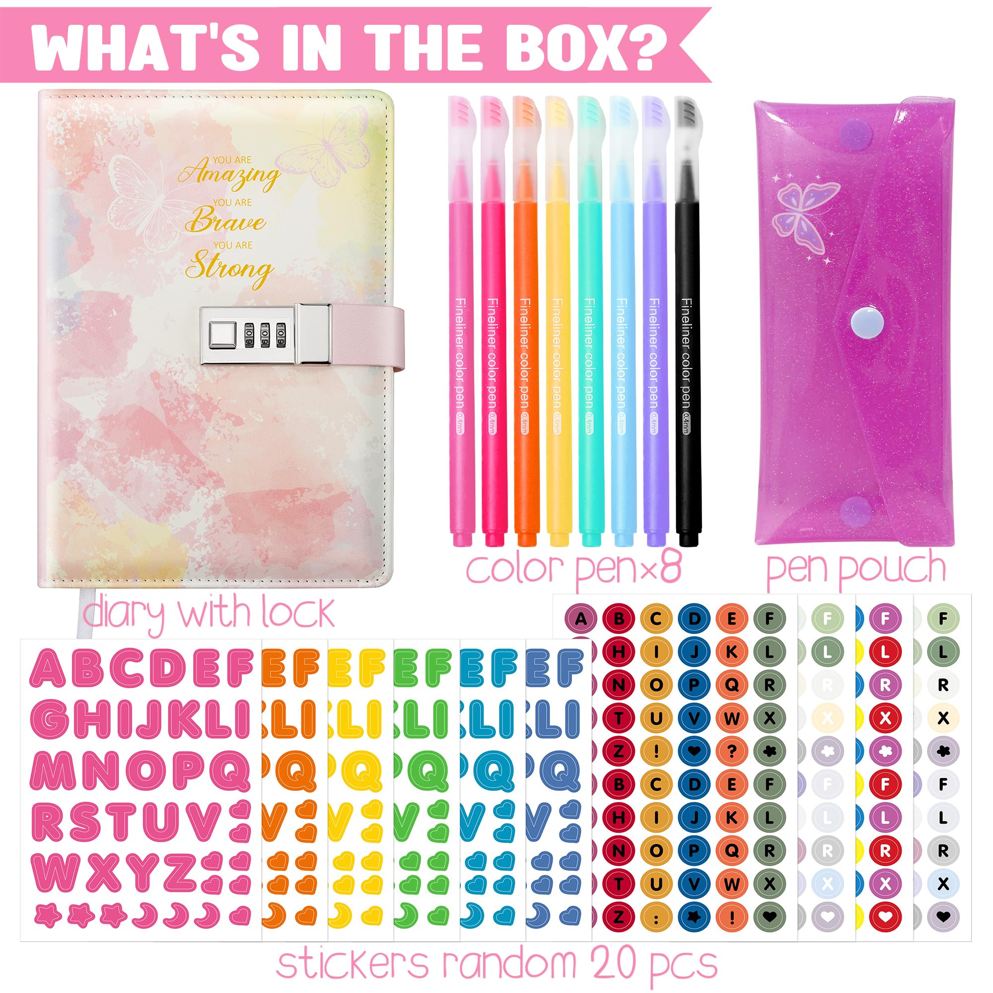 Diary with Lock for Girls - 30Pcs Girls Diary Set, Kids Journal with Lock, Leather Journal Notebook, Pencil Pouch, 8 Color Pens, 20 Stickers, Ideal Christmas Gifts for 8 9 10 11 12 13 14 Year Old