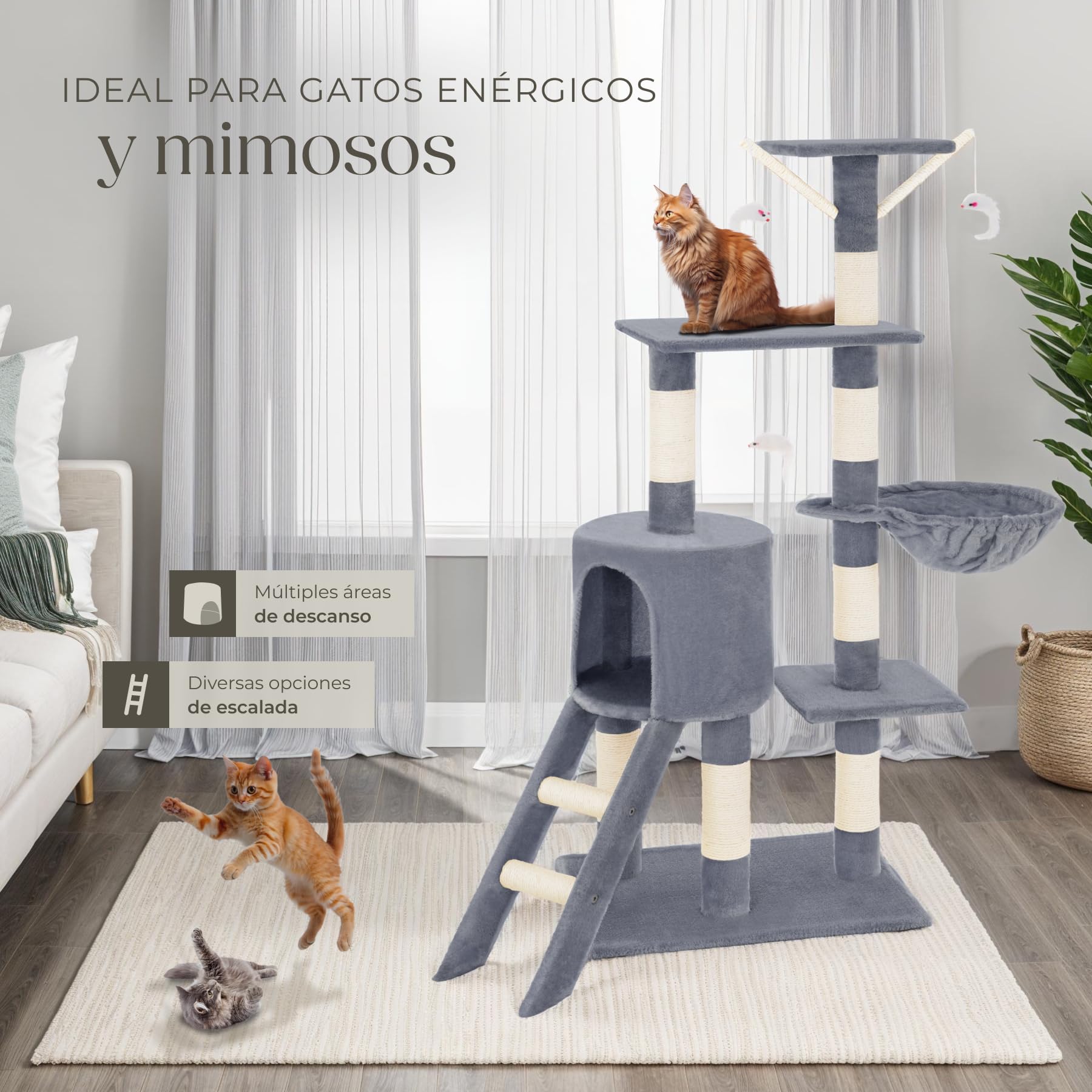 tectake® Arbol Rascador para Gatos, Rascador 144cm, Caseta, Varias Alturas, 3 Ratones de Juguete, Nido, Protección Antivuelco, Estructura Robusta, Rascador Gato - Gris