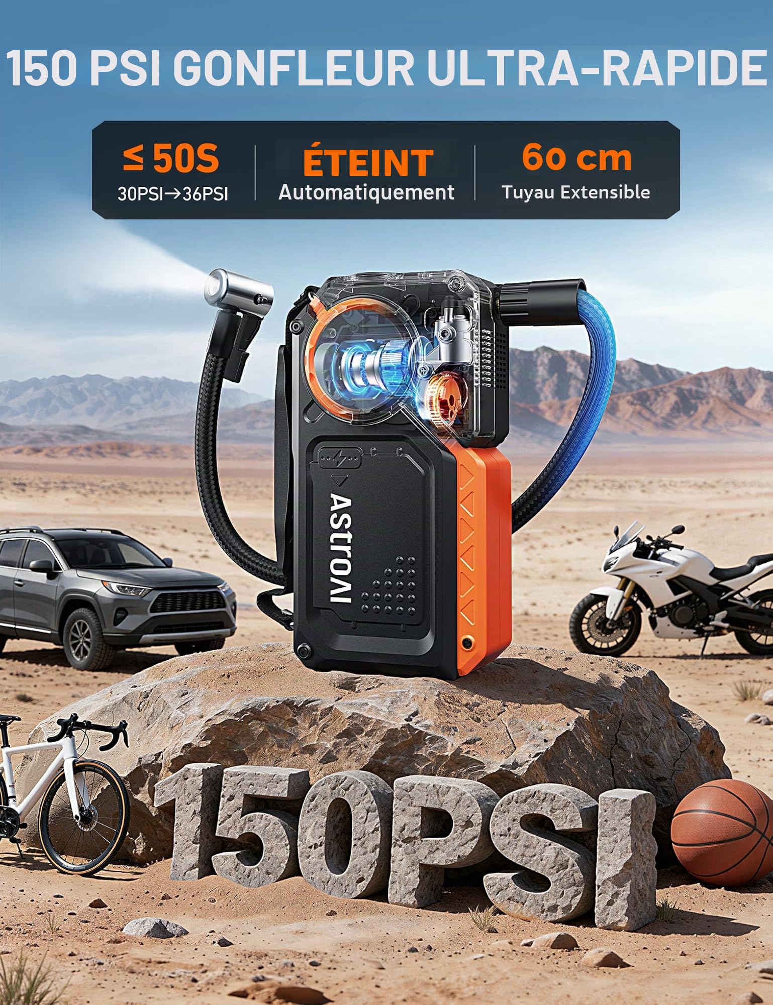 AstroAI Booster Batterie Voiture 8000A, Démarreur Batterie Voiture Portable avec Compresseur à Air 150PSI 12V(Tout Essence/12L Diesel) Pinces de Sécurité Intelligentes, LED Démarrer Rapidement & QC3.0