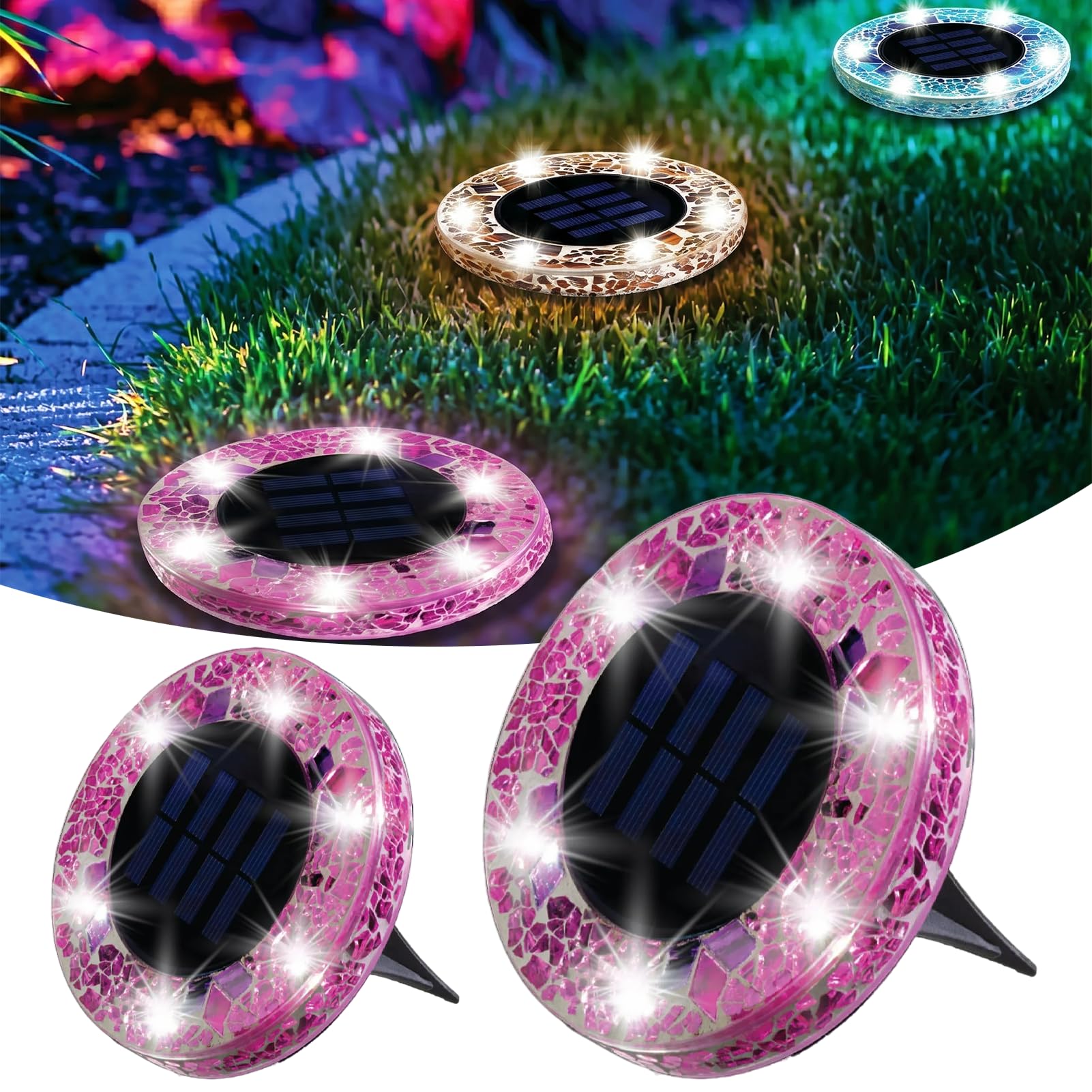 Mosaic Solar Disk Light, 4 Pack Mosaic Solar Lights Outdoor, Flat Solar Lights Waterproof, Anti-Rust Garden Lighting Decor for Pathway Garden Yard Lawn Walkway Landscape Driveway (2 Pack Purple)