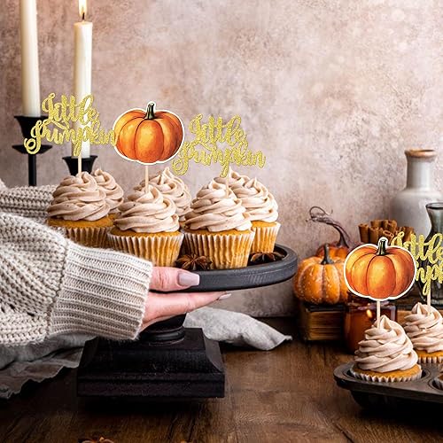 Miniatura 5 de Paquete de 24 adornos para cupcakes de calabaza con purpurina para cupcakes de calabaza para cosecha de otoño, baby shower, niños, cumpleaños,