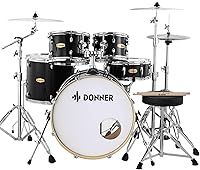 Donner DDS-520 5-Piece 22" Adult Acoustic Drum Set with Mute Pads - Full Kit for Quiet Beginner Practice, Black