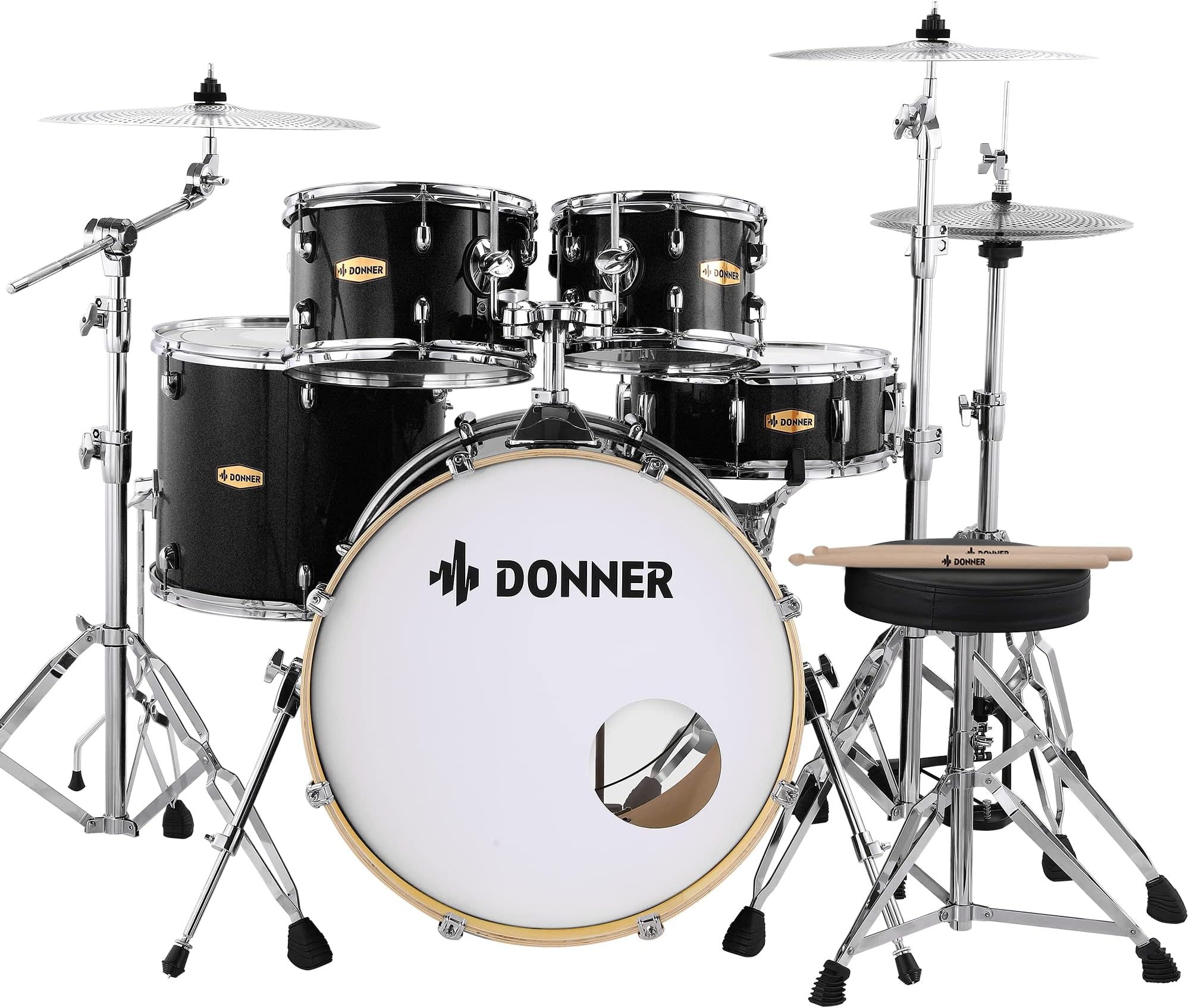 Drum Set Adult with Practice Mute Pad,5-Piece 22 inch Full Size Acoustic Drum Kit, Black- DDS-520
