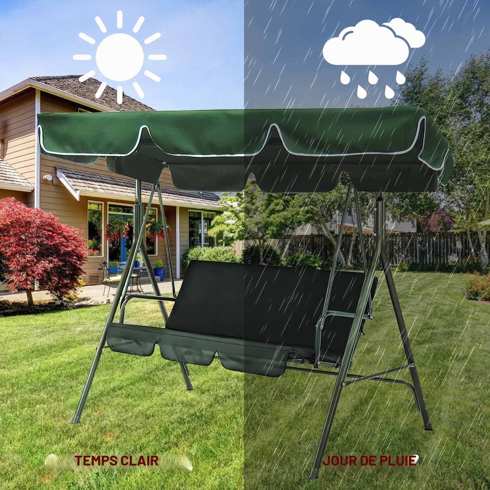 Toit pare-soleil pour balancelle de jardin - Universel - 195 x 125 x 15 cm - Auvent d'extérieur imperméable - Pour balancelle de jardin - Vert foncé