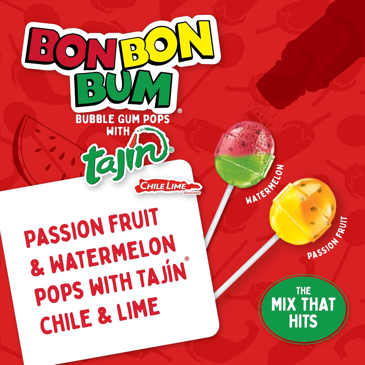 Colombina Bon Bon Bum Tropical Passion Fruit & Watermelon with Tajin Seasoning Chile Lime Dip, 20 Count (Pack of 2)