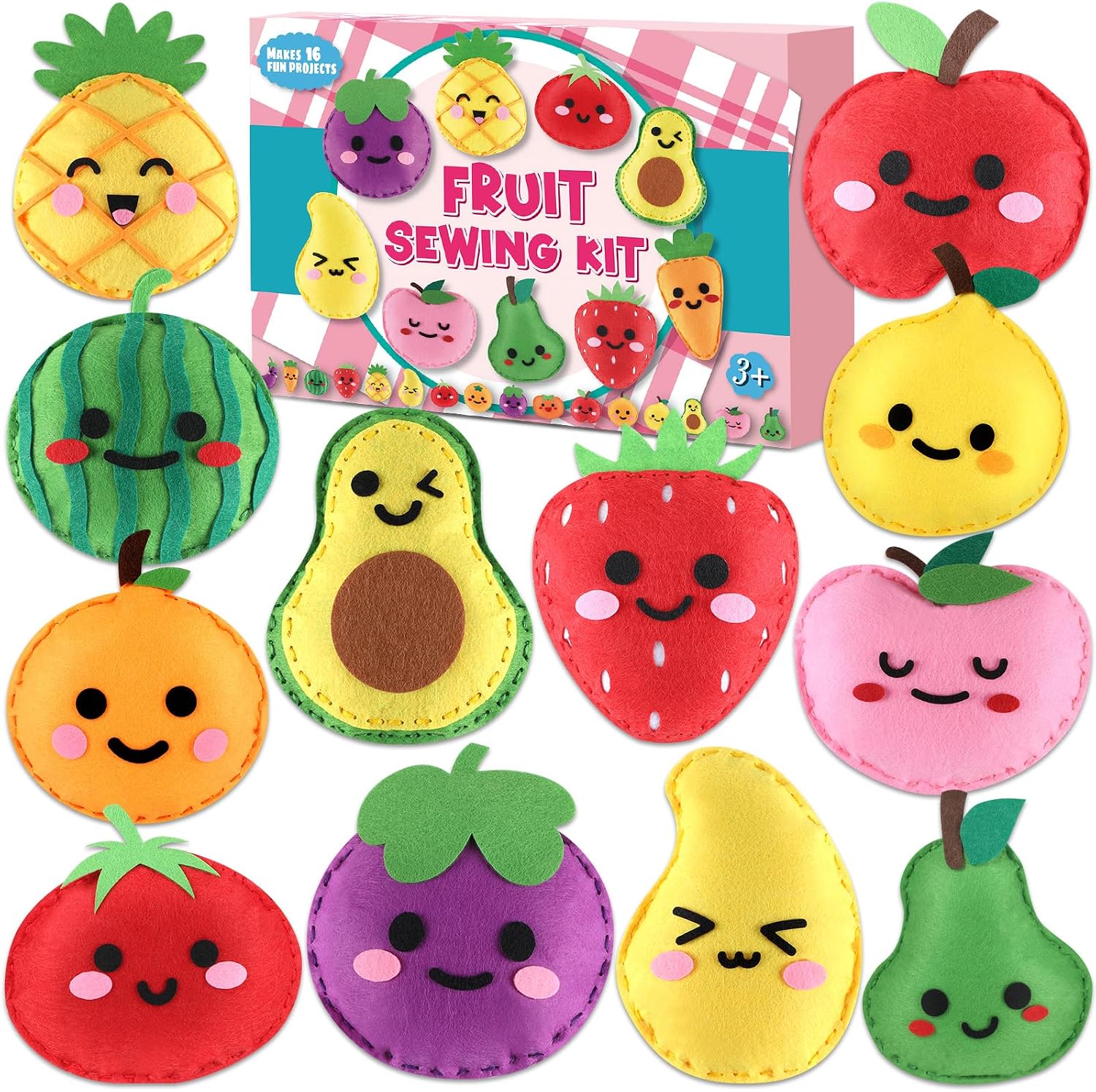 ZOIIWA Fruit Sewing Kit for Kids Sewing Felt Plush Stuffed Ornament Fruit Vegetable Kids Felt Kit DIY Art Craft Food Embroidery Keychain Christmas Gift for Beginner Ages 4+ Educational Learn to Sew