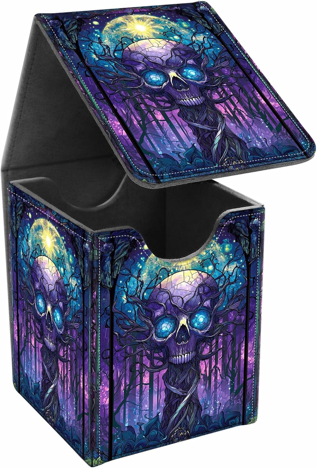 Card Deck Box, Card Storage Box Fits 100+ Single Sleeved Cards, Large Capacity PU Leather Card Storage Box with Strong Magnet for Magic Commander TCG/CCG, (Purple, Skull)