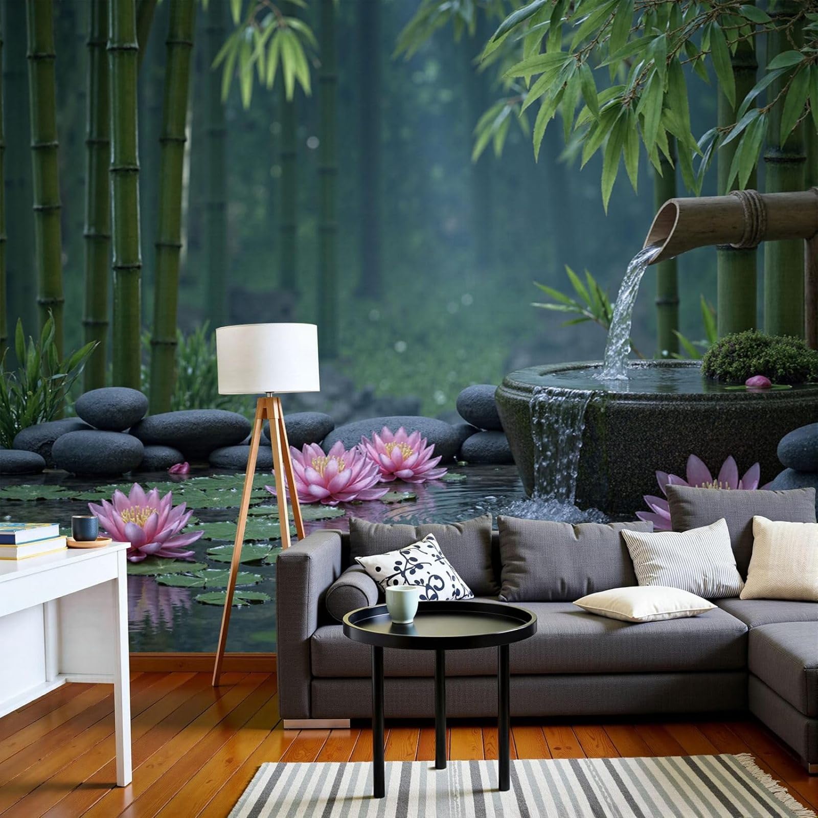hgjdjhnf Zen Bamboo Forest Wallpaper, Photo Wallpaper Pond Flowers, for Bedroom Living Room, Green Wall Decor Wallpaper, Wall Covering, 430cm x 300cm Stickers - Frameless Painting - Poster