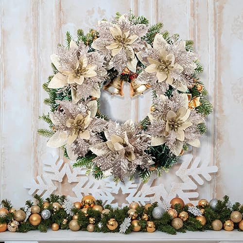 Miniatura 8 de Toyvian Flores de Pascua artificiales con purpurina navideña, 12 adornos de flores para árbol de Navidad, decoración de fiesta de Navidad con 12