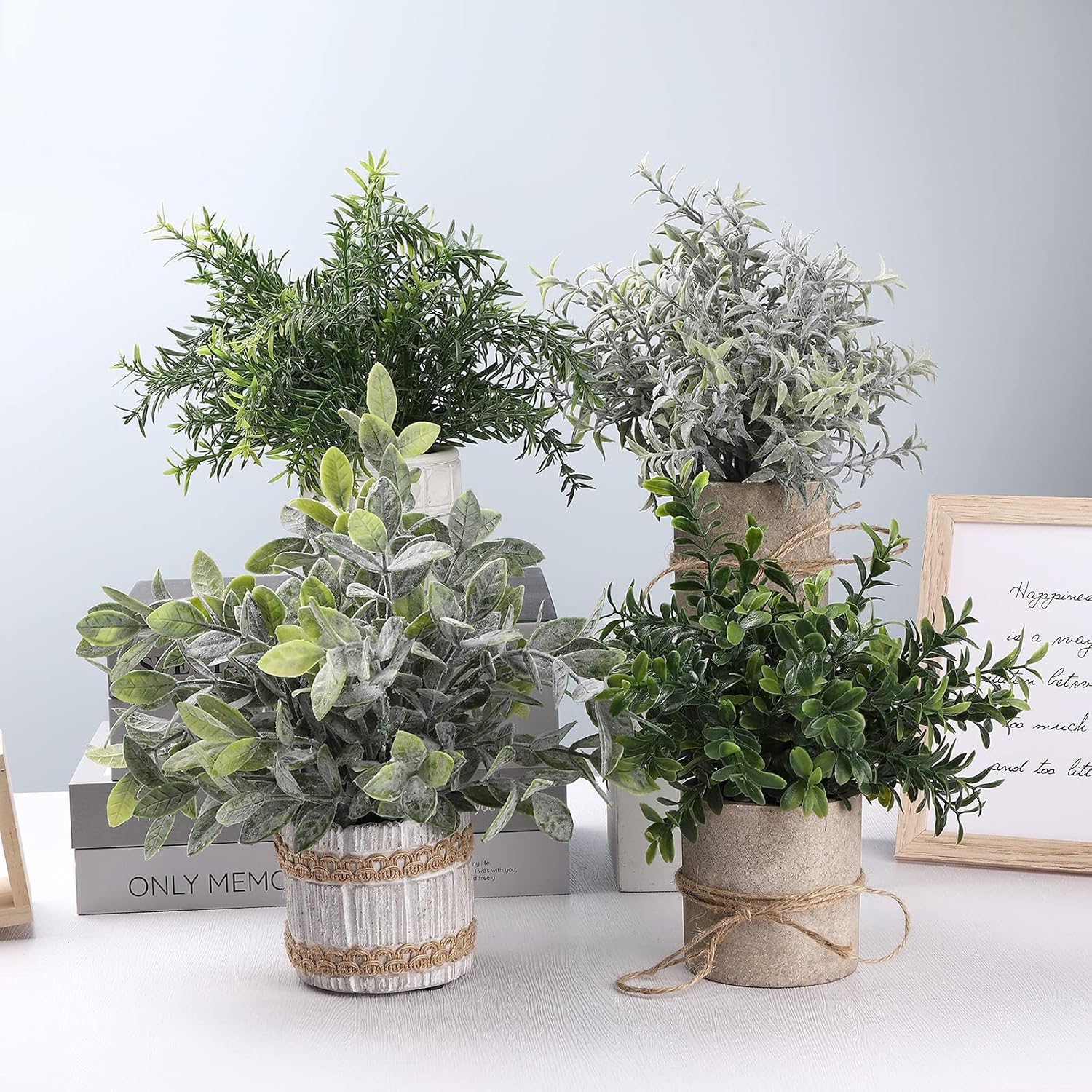 Artificial Topiaries Plants & Flowers, 4 Pcs Mini Plants Artificial Potted Set Fake Green Grass Plant Faux Plastic Topiary for Home Office Desk Bathroom Kitchen Counter Decoration (Mixed) -