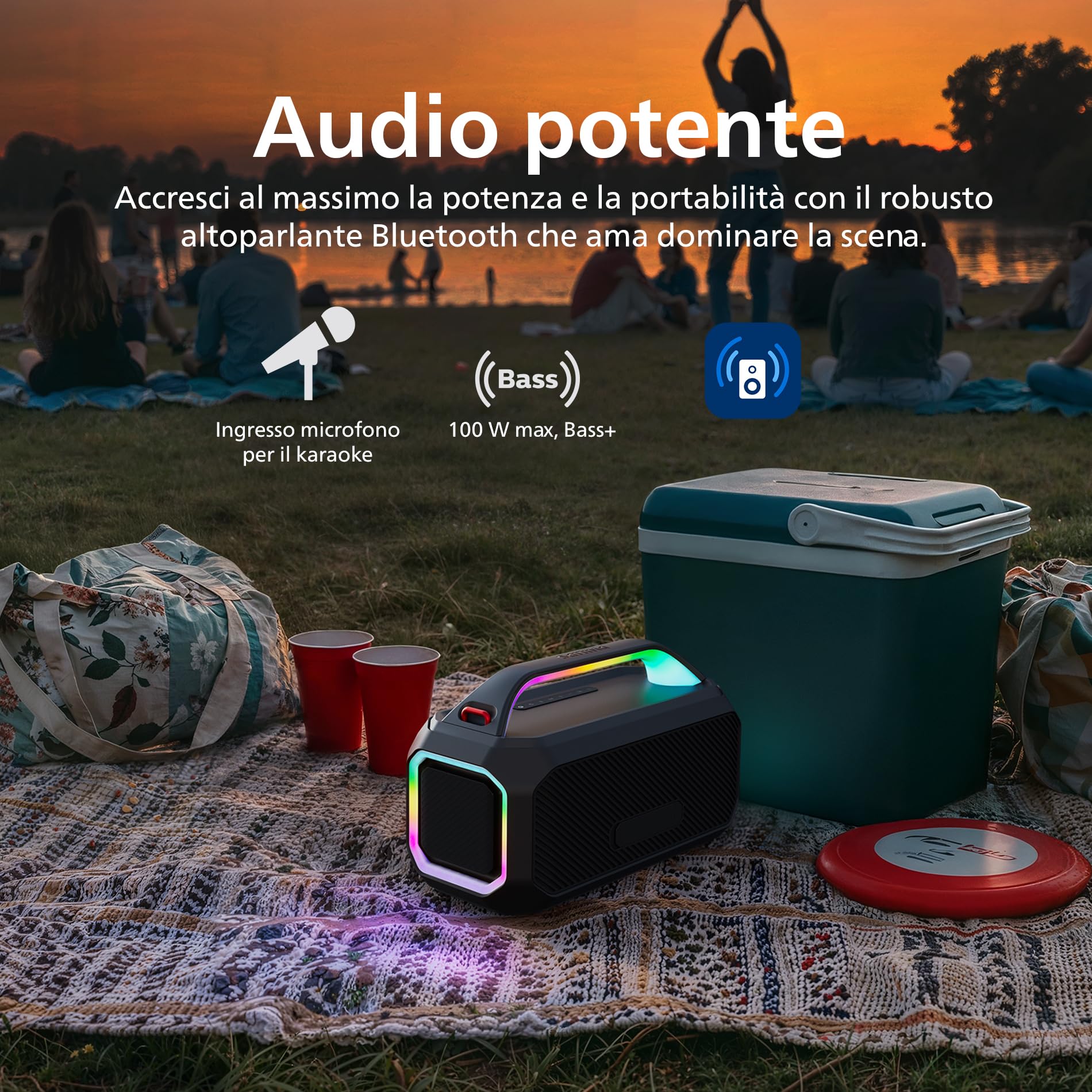 Philips TAS7000EB Altoparlante Bluetooth wireless con uscita 100 W Max, Bass+, Spettacolo di luci LED, Auracast, IP67, 24 ore di riproduzione, Power Bank, Ingresso mic, Batteria di ricambio – Nero