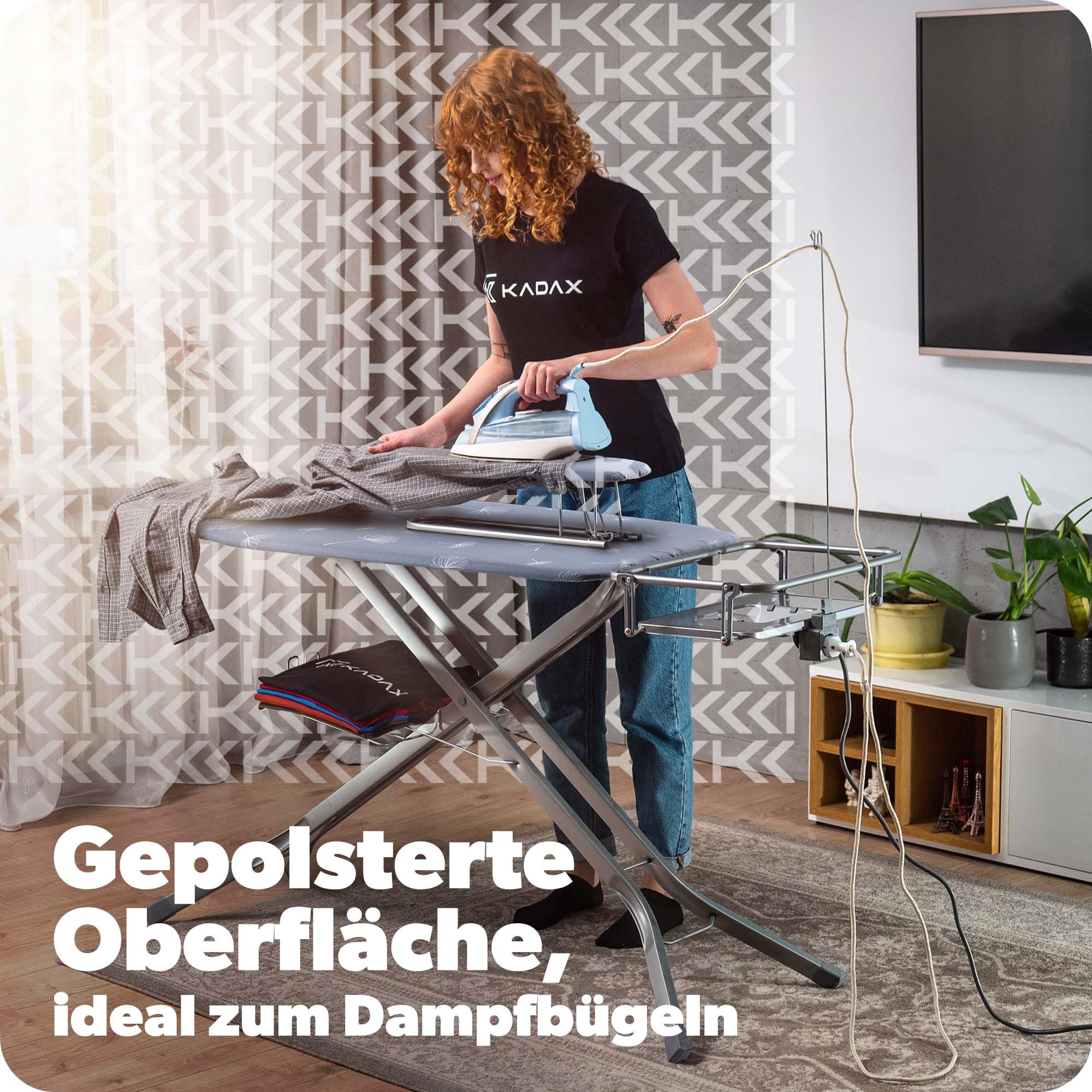 KADAX XXL Bügelbrett mit Ärmelbügelbrett 130x41cm & 53x13cm - Stabiler Dampfbügeltisch für Dampfbügelstation, breit, klappbar, höhenverstellbar, mit Bügeleisenablage & Steckdose
