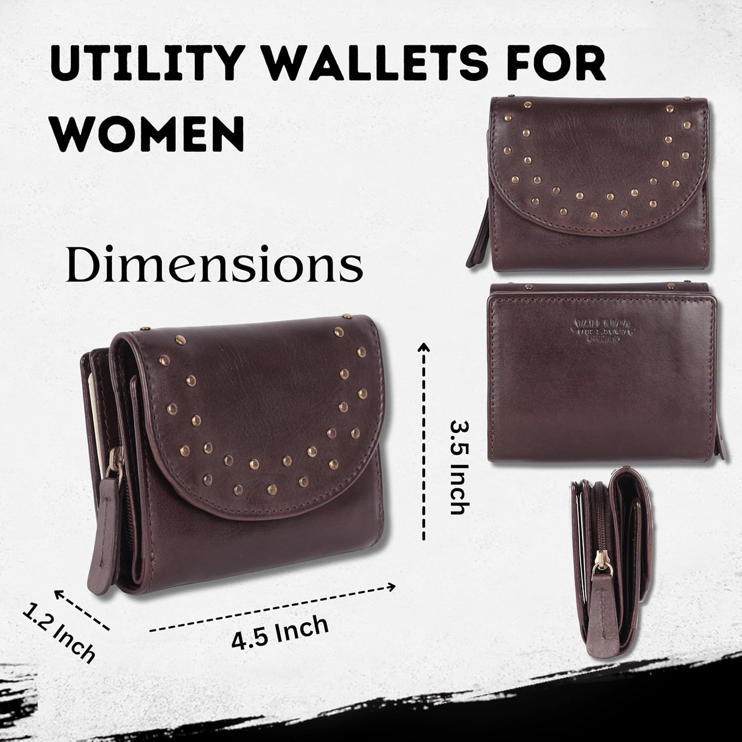 4.5 inch Genuine Italian Leather Boho Studded Trifold Double Flap Closure Wallet – Zipper Coin Purse & Credit Card Holder for Women (Brown) - Image 3
