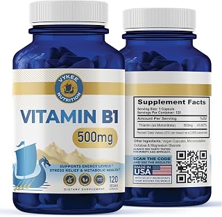 Vykee Nutrition Vitamin B1 – 500mg High-Potency Thiamine Mononitrate | Supports Energy Metabolism & Nervous System Health | Vegan, Non-GMO, Gluten-Free | 120 Capsules