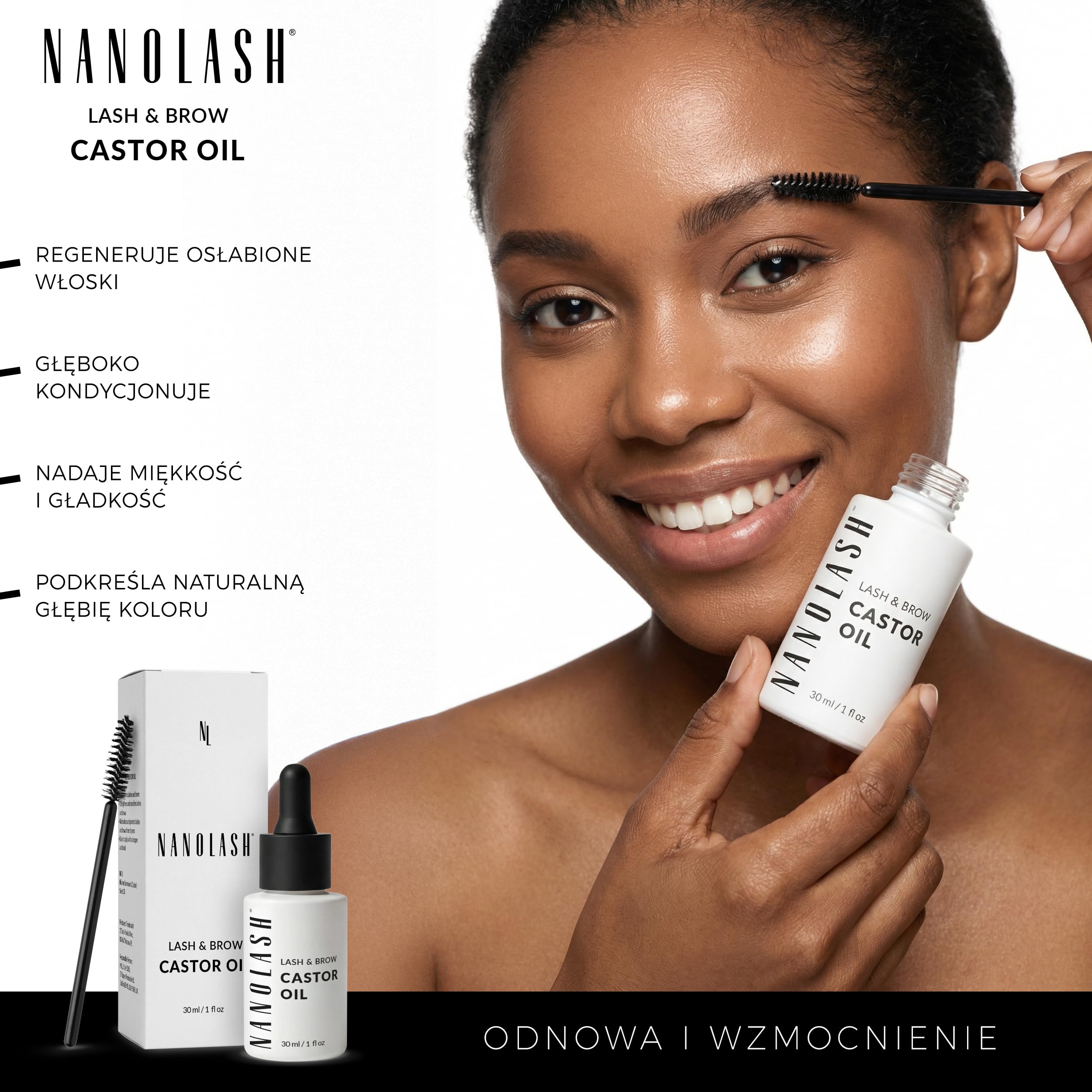 Olejek rycynowy Nanolash 30 ml - 100% naturalny, zimnotłoczony i nierafinowany olejek do rzęs i brwi, przyśpiesza wzrost rzęs, olej rycynowy z aplikatorem