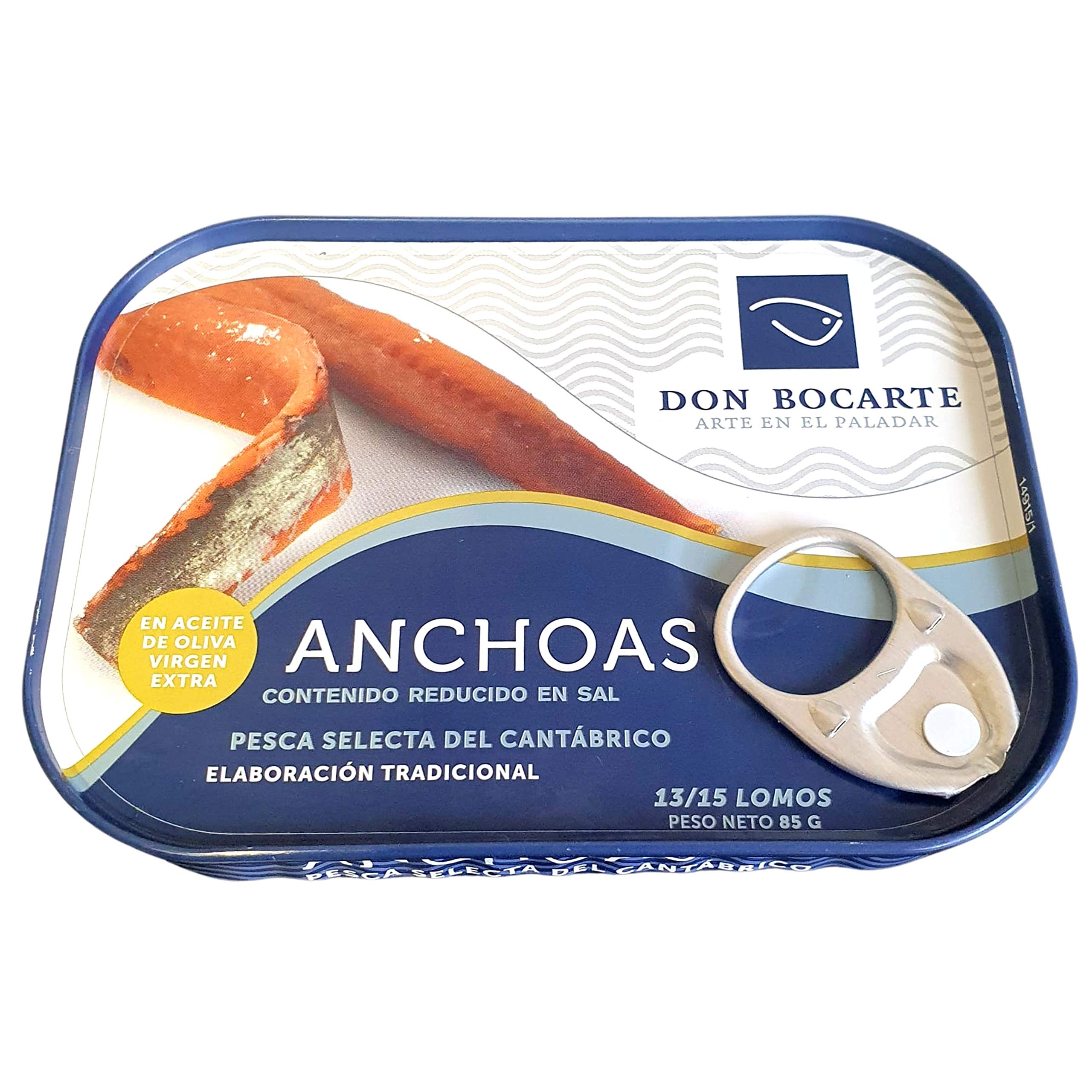 Anchoas Don Bocarte 13-15 Lomos en Aceite de Oliva Virgen Extra - Anchoas en Aceite - Anchoas del Cantabrico - Peso Neto 85 gramos - Contenido Reducido en Sal