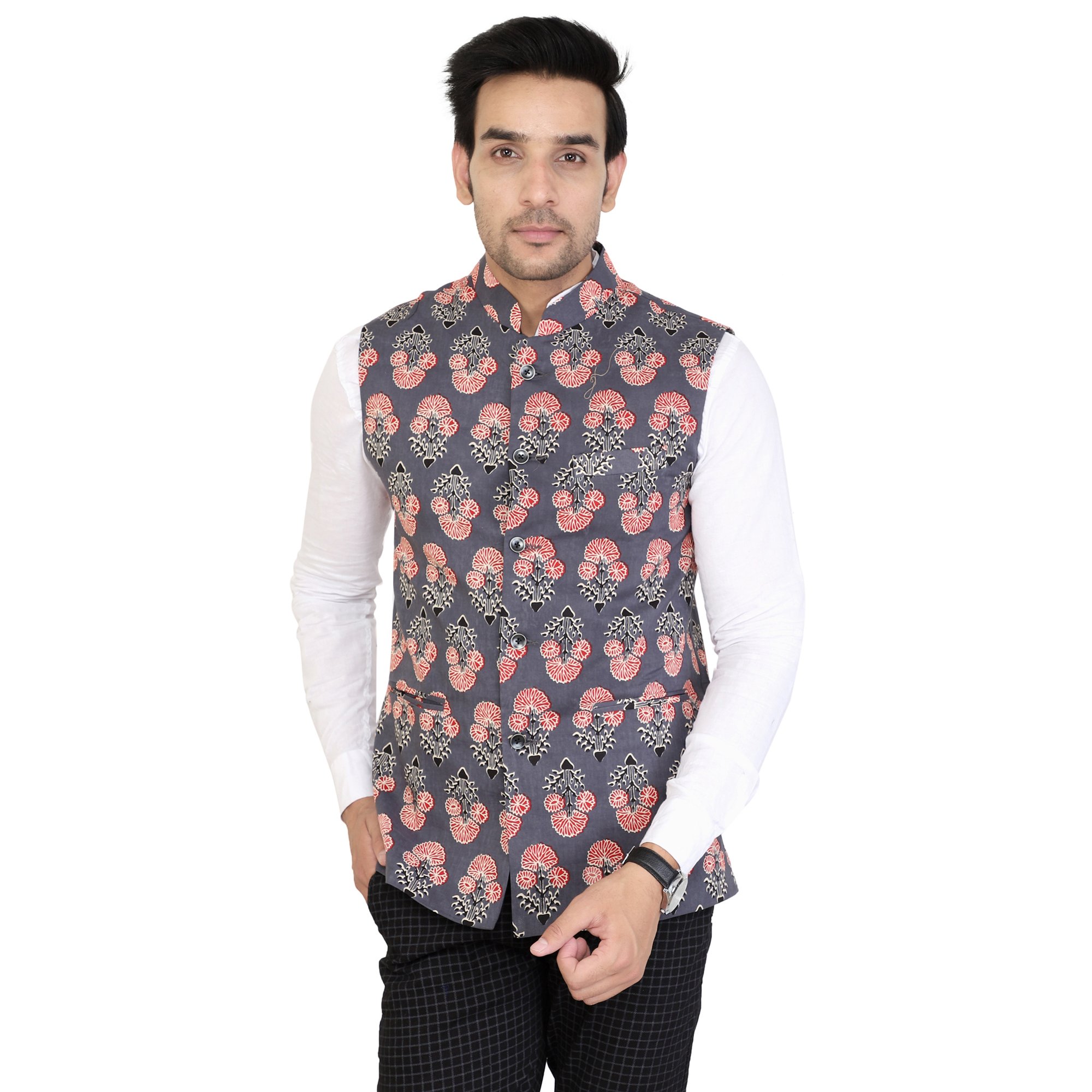 Men's Printed Cotton Waistcoat (Grey, 36)-image-3