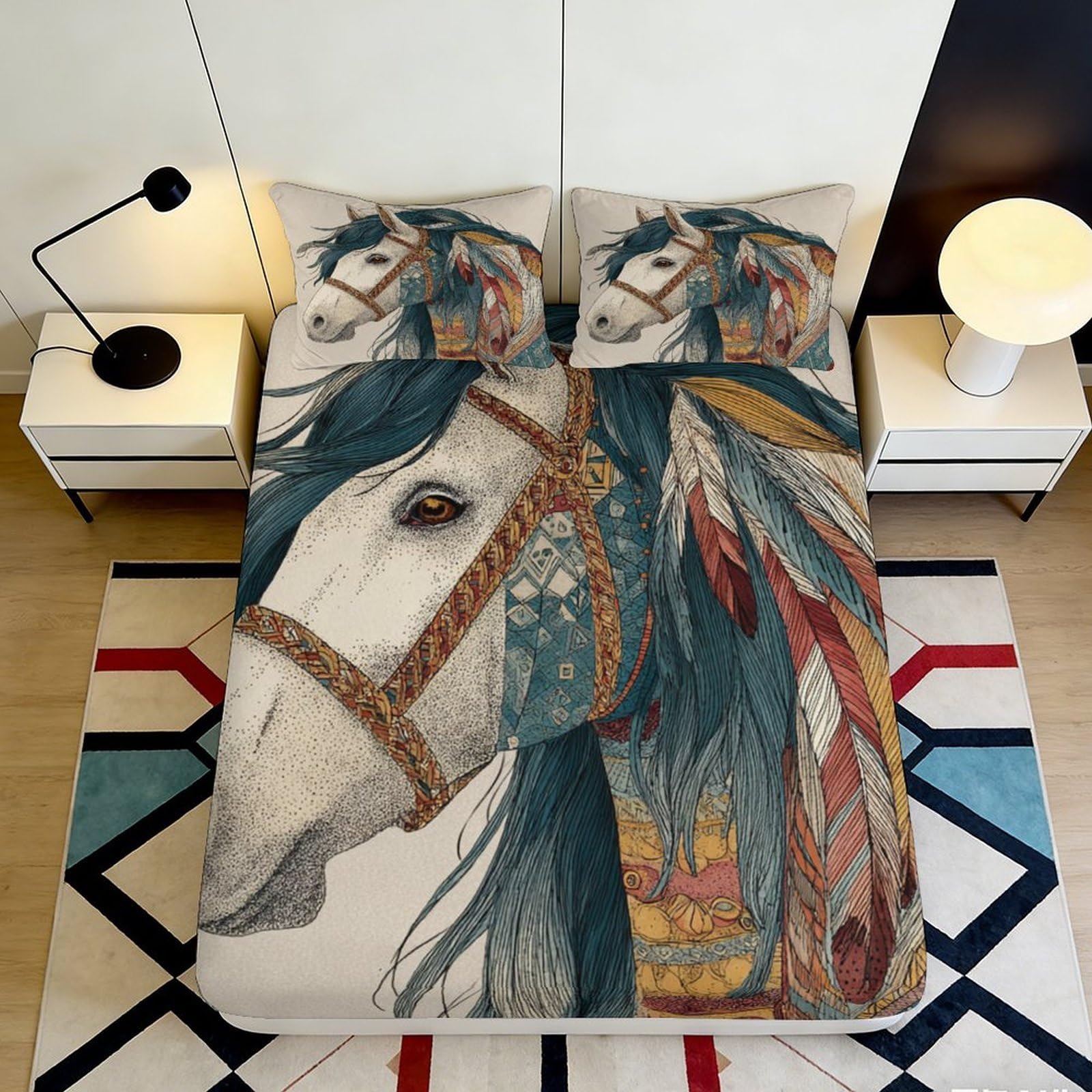 3D Printed Horse Pattern Fitted Sheet Microfiber Deep Pocket Bedroom Bedding Non-Slip Horse Mattress Fitted Cover Washable Full Wrap 140x200x25cm