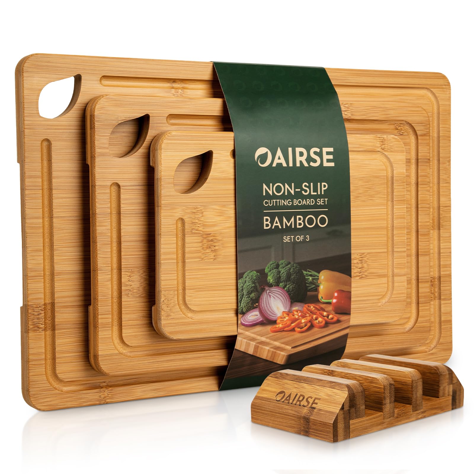 Tabla de cortar de bambú para cocina, 3 paquetes de tablas de cortar grandes con ranuras para jugo y soporte, juego de tablas de cortar de cocina con soporte, tabla de cortar de bambú para carne